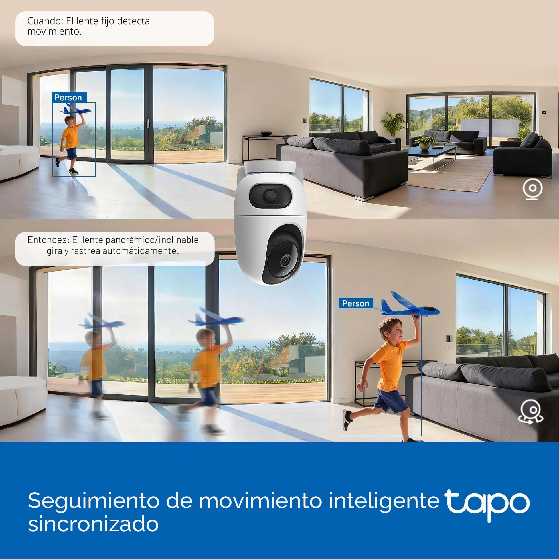 Tapo C245D Cámara de vigilancia WiFi Interior Doble Lente 2K Seguimiento automático 360° Detección IA Personas Mascotas Vehículos Visión Nocturna Audio bidireccional Almacenamiento Local
