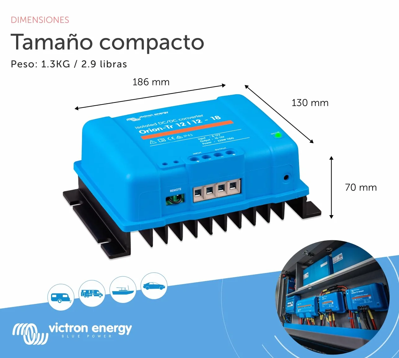 Victron Energy Orion-TR IP43 12/12 Voltios 18 amperios 220-Vatios Convertidor de CC a CC Aislado