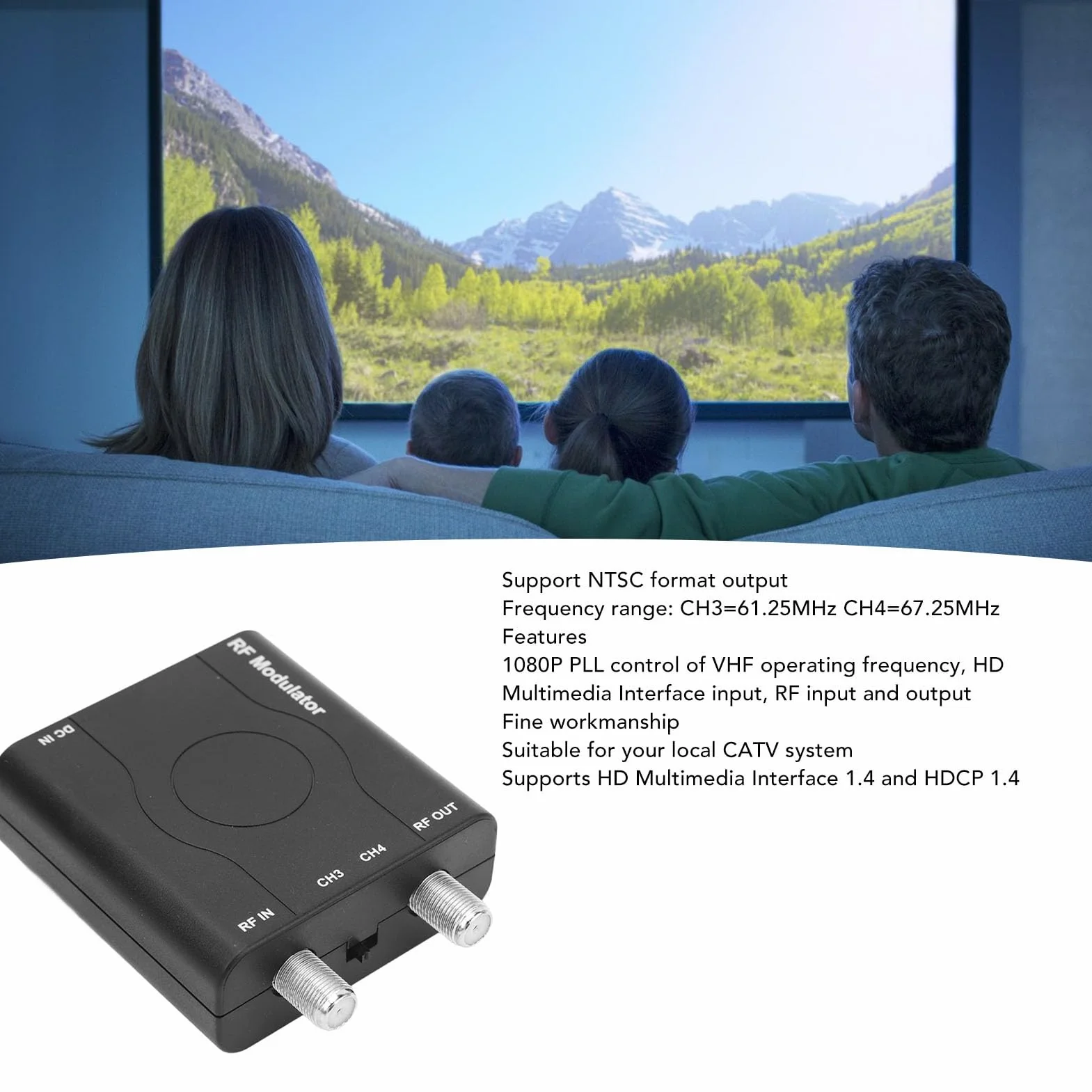 Modulador HDMI a RF, Disponible sólo en las Américas HDM61 Interfaz Multimedia HD a Modulador RF Compatible con Formato NTSC Salida 1080P PLL Control de Frecuencia