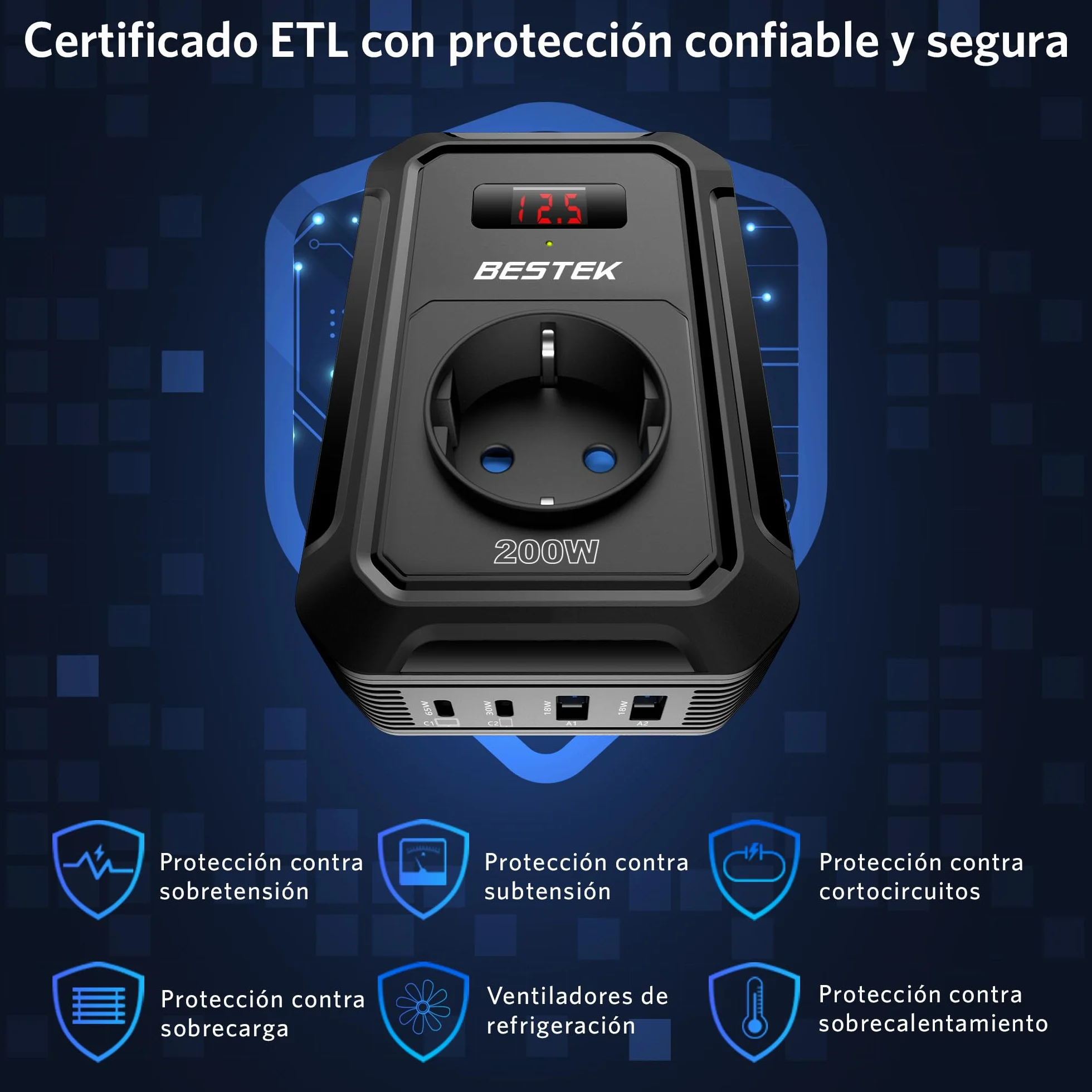 BESTEK Inversor 12v 220v Onda Pura 200W,Transformador 12V a 220V Convertidor Onda con 2 AC Tomas Y 2 USB-C (65 W y 30 W) 2 USB-QC (18 W) sinusoidal con Protección para Barco,Caravana,Coche（Negro）