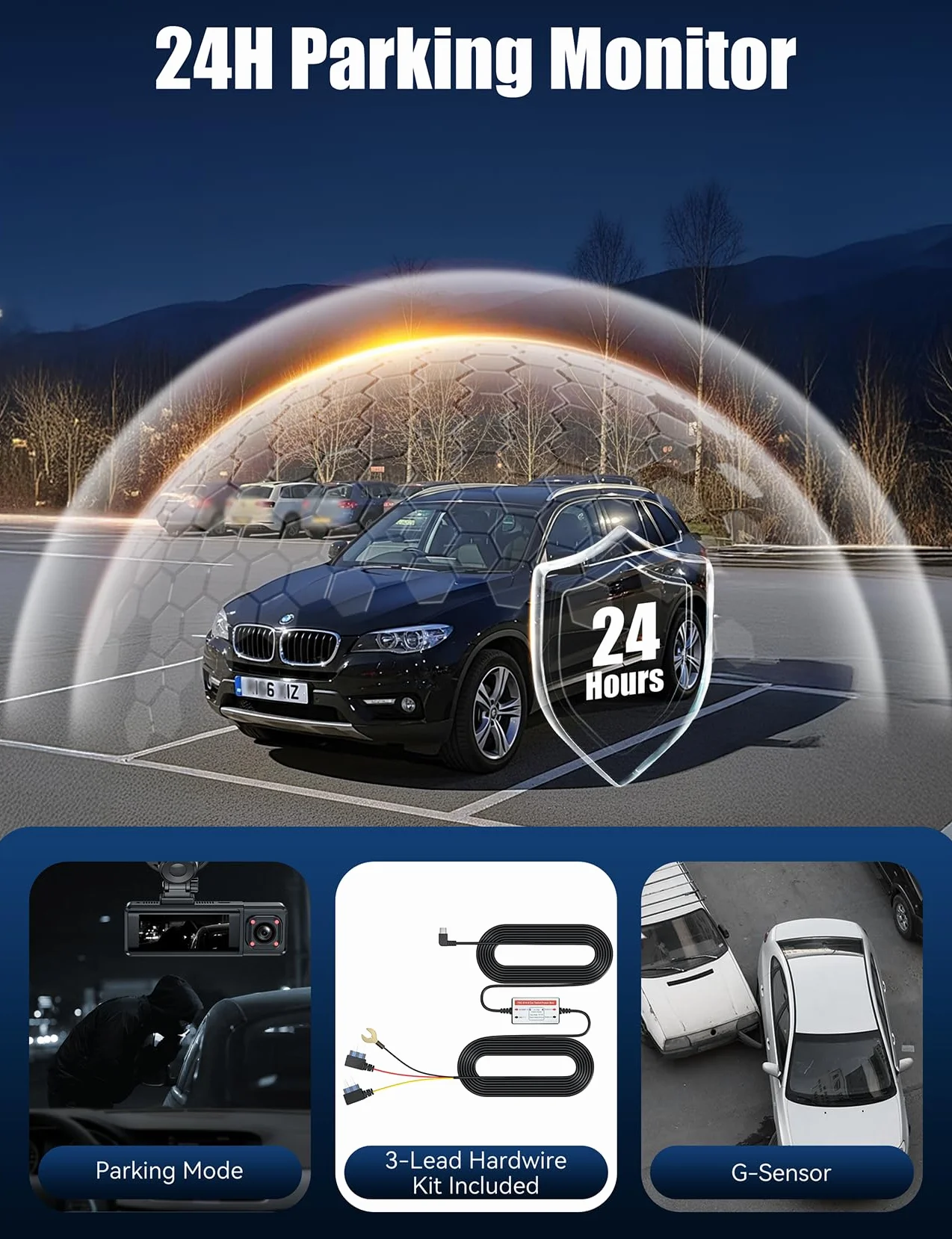 3 Canales Dash CAM Coche, 4K+1080P Camara Coche con WiFi & App Controlcon, Tarjeta 64G, Super Visión Nocturna, Gran 170°, WDR, Grabación de Bucle, G-Sensores, Monitor de Aparcamiento (Negro)