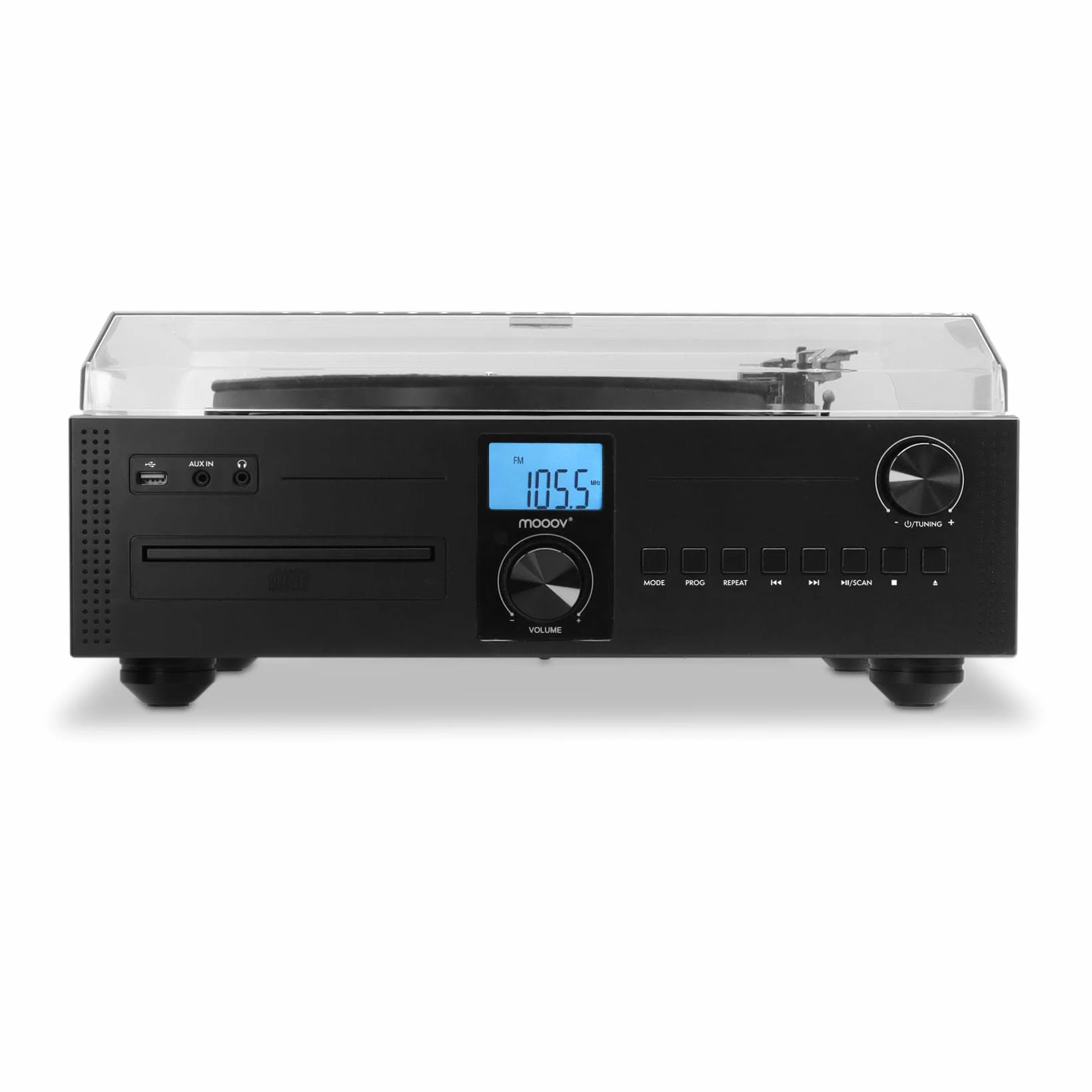Mooov Microcadena HiFi Estéreo 50W con Tocadiscos, Reproductor CD, Bluetooth, Radio FM, USB, AUX-IN, RCA, Mando a Distancia