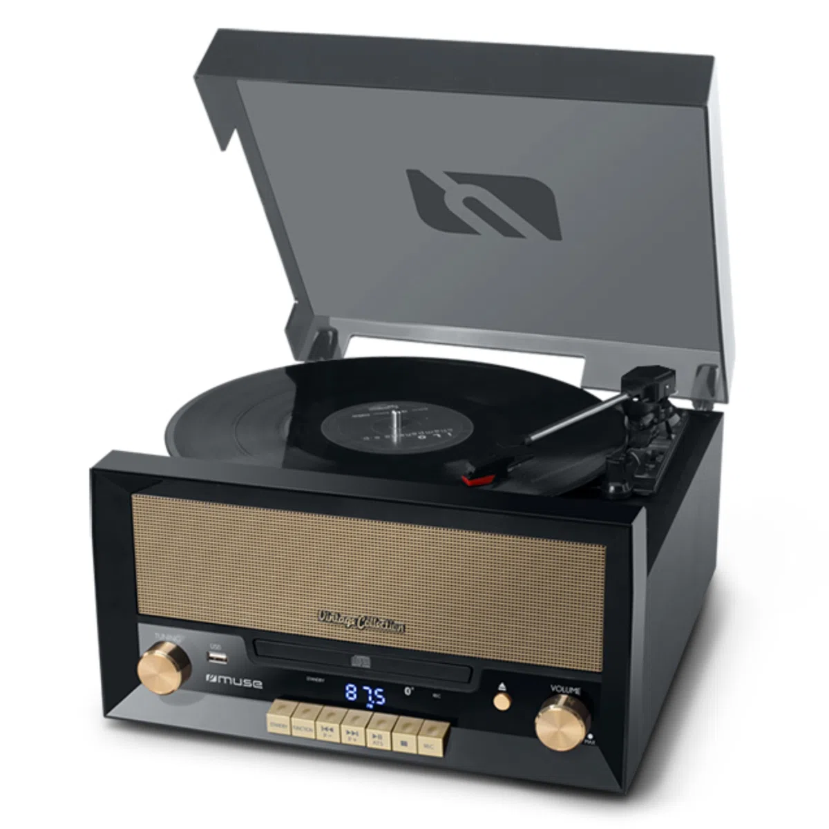 Muse MT-110 B - Micro Sistema CD y radio con Giradiscos Muse tres velocidades, bluetooth, USB y lector de tarjetas SD, caja madera, negro