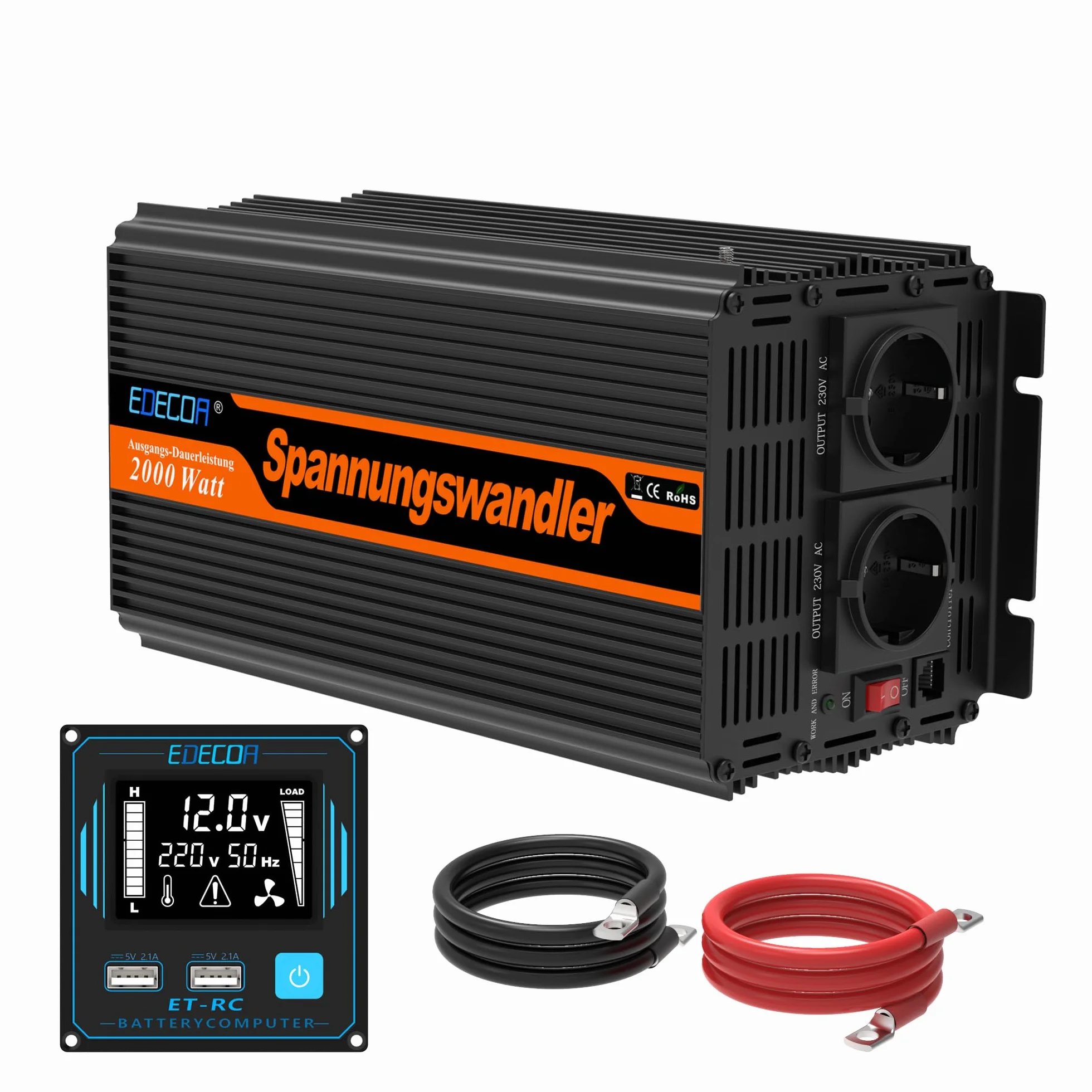EDECOA Inversor 12v 220v 2000w conversor energia 12v 230v con Mando 2X USB Transformador Onda modificada con Sistema de Aislamiento galvanico (2a generacion)