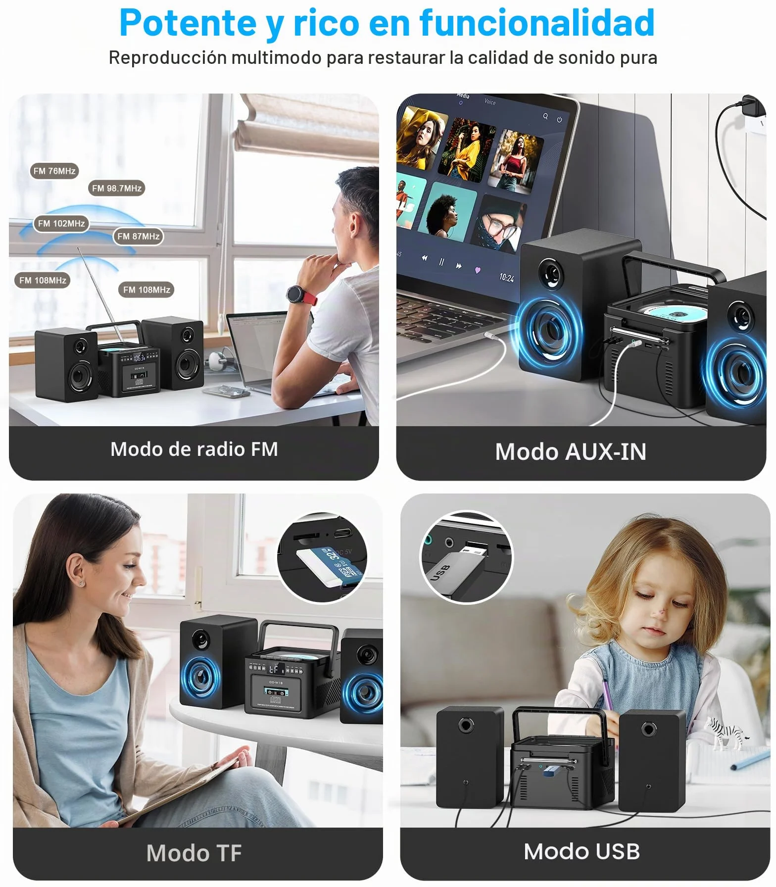 Sistema estéreo para el hogar con reproductor CD y cassette, altavoces 40 W Bluetooth, radio FM/USB/TF/AUX/control remoto, alta fidelidad