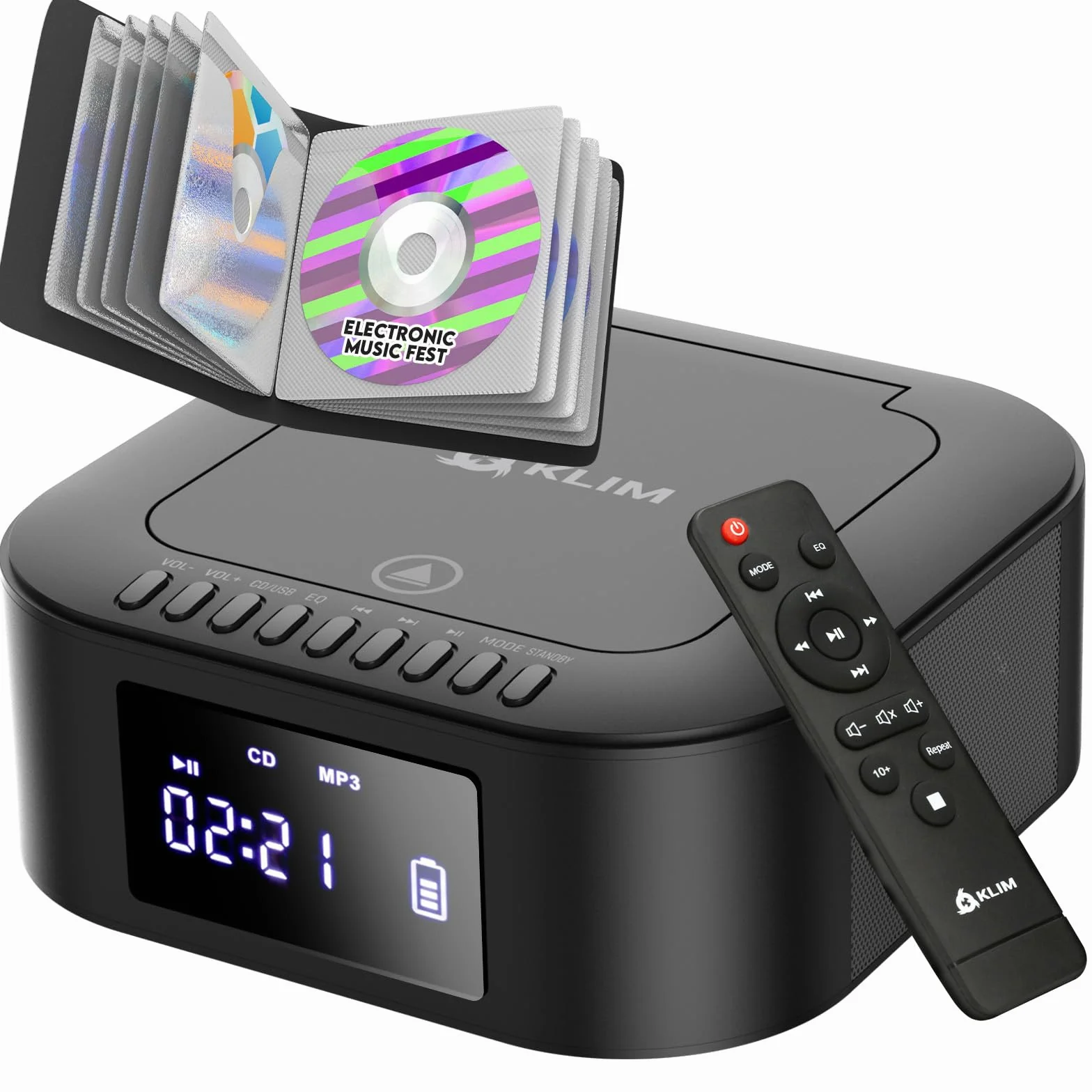 KLIM Boombox E1 - Caja de CD - Reproductor de CD portátil - Bass Boost con Subwoofer - Radio FM y batería Recargable - Bluetooth, MP3, AUX, USB - Radio CD portátil con Mando