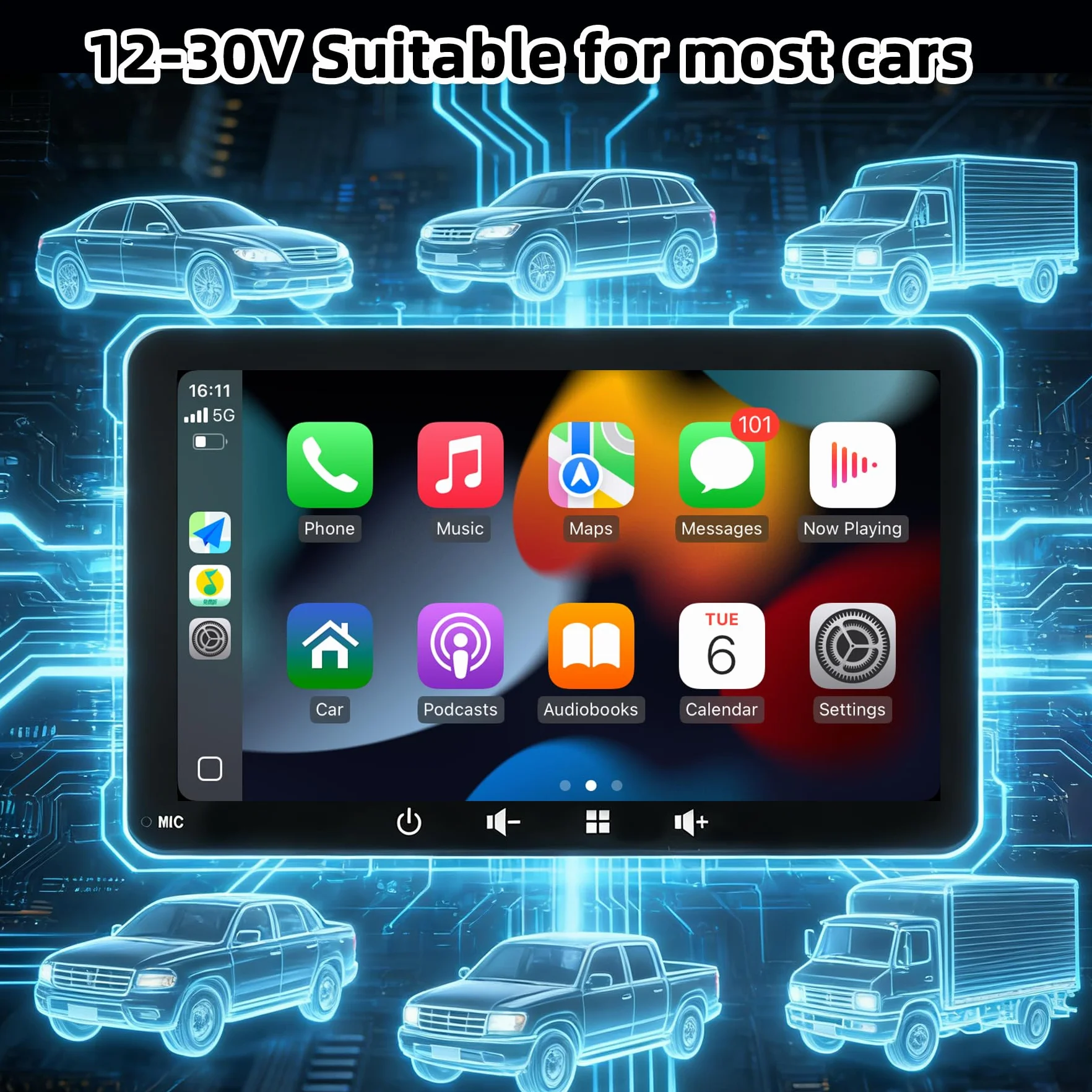 Pantalla Coche 7" con Carplay y Android Auto Inalámbrico - Radio Portatil con Pantalla Tactil | FM Transmisor, AUX, USB | Cámara Trasera | Plug & Play para la Mayoría de Coches (7 Pulgadas + cámara)