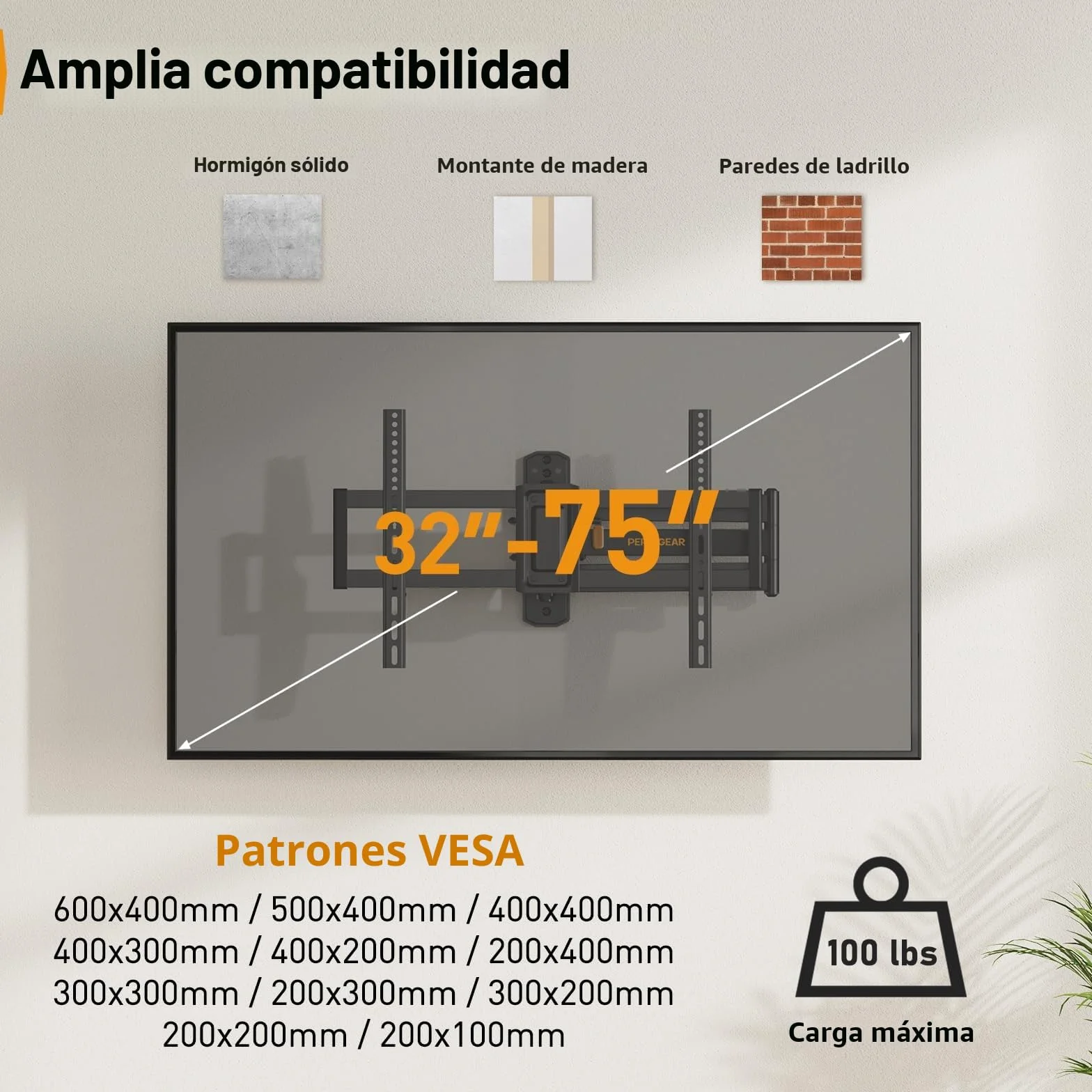 Perlegear Soporte TV Pared Brazo Articulado Extralargo 32-75 Pulgadas Inclinable Giratorio VESA 600x400 mm 45kg