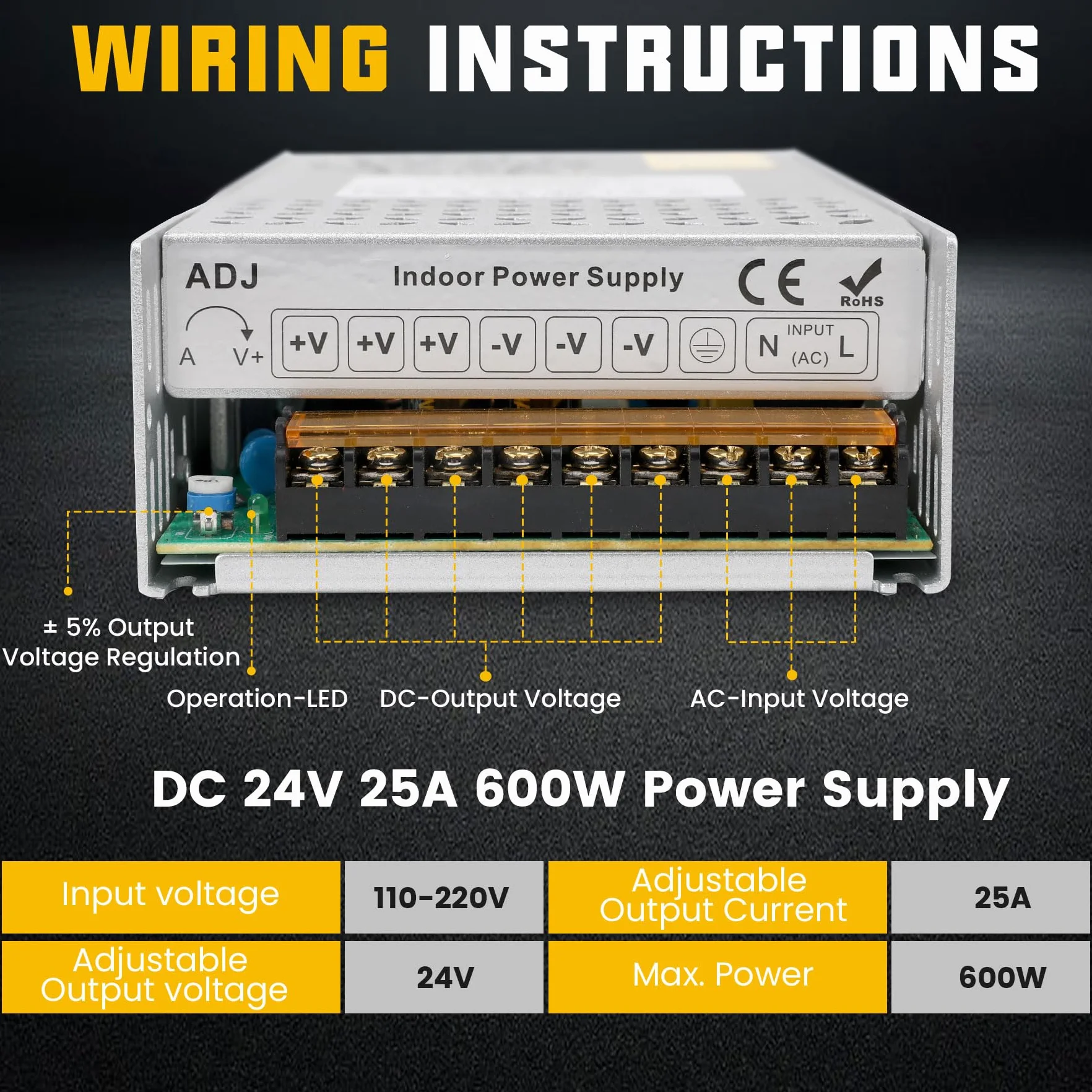 DC 24V 25A 600W Fuente de Alimentación Transformador 220V CA a CC 24V Convertidor 25A 600W Alimentacion Adaptador para 24Volt LED lámpara Motor Bomba CCTV Cámara Seguridad Car Stereo