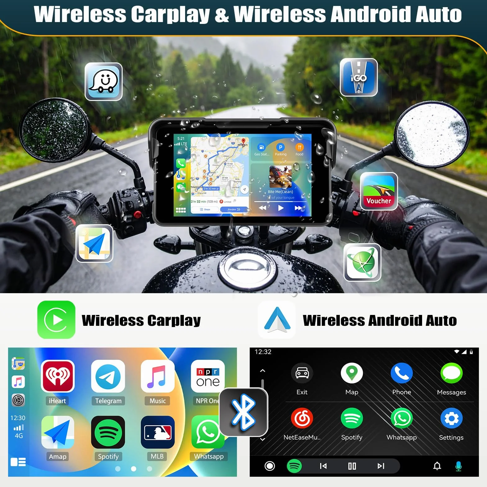 CAMECHO Moto Carplay Pantalla 5 Pulgadas Wireless Carplay Android Auto IP68 Navegación a Prueba de Agua