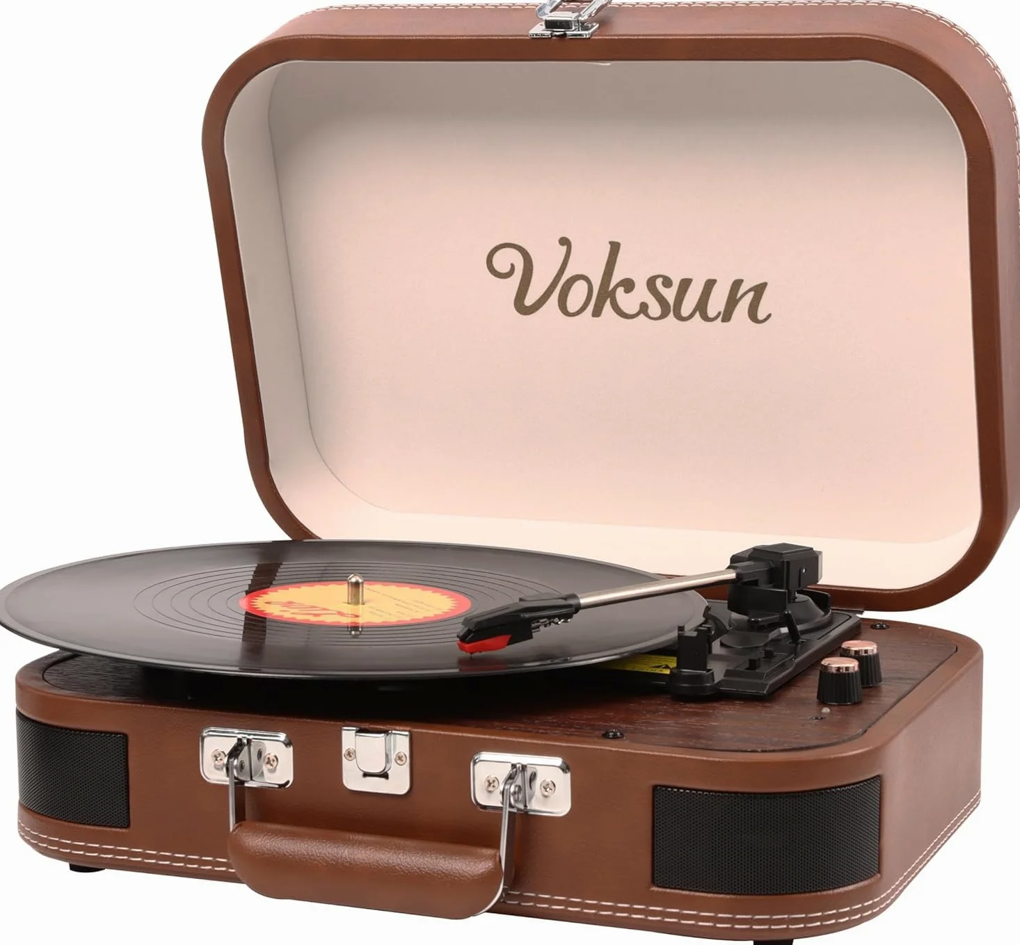 Tocadiscos de Vinilo, VOKSUN Tocadiscos Portátil Vintage con Altavoces Incorporados, Reproductor LP Vinilo con In/out Bluetooth 3 Velocidades, Maleta USB, Entrada AUX, Línea RCA, Auto-Stop (Marrón)