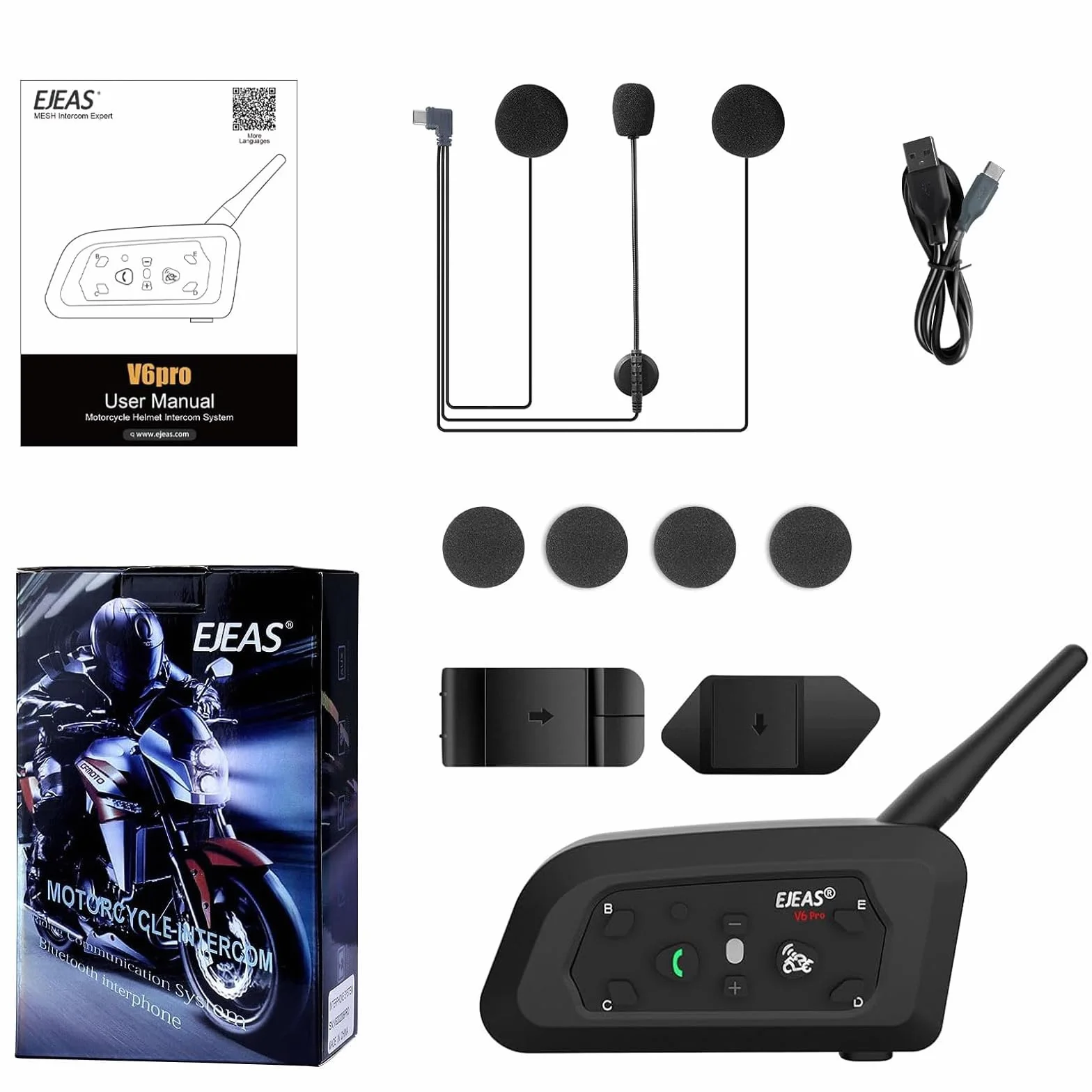 EJEAS V6 Pro Intercomunicador Casco Moto Bluetooth 3.0 Auricular 1200M 2 Personas Full Duplex Wireless Interphone