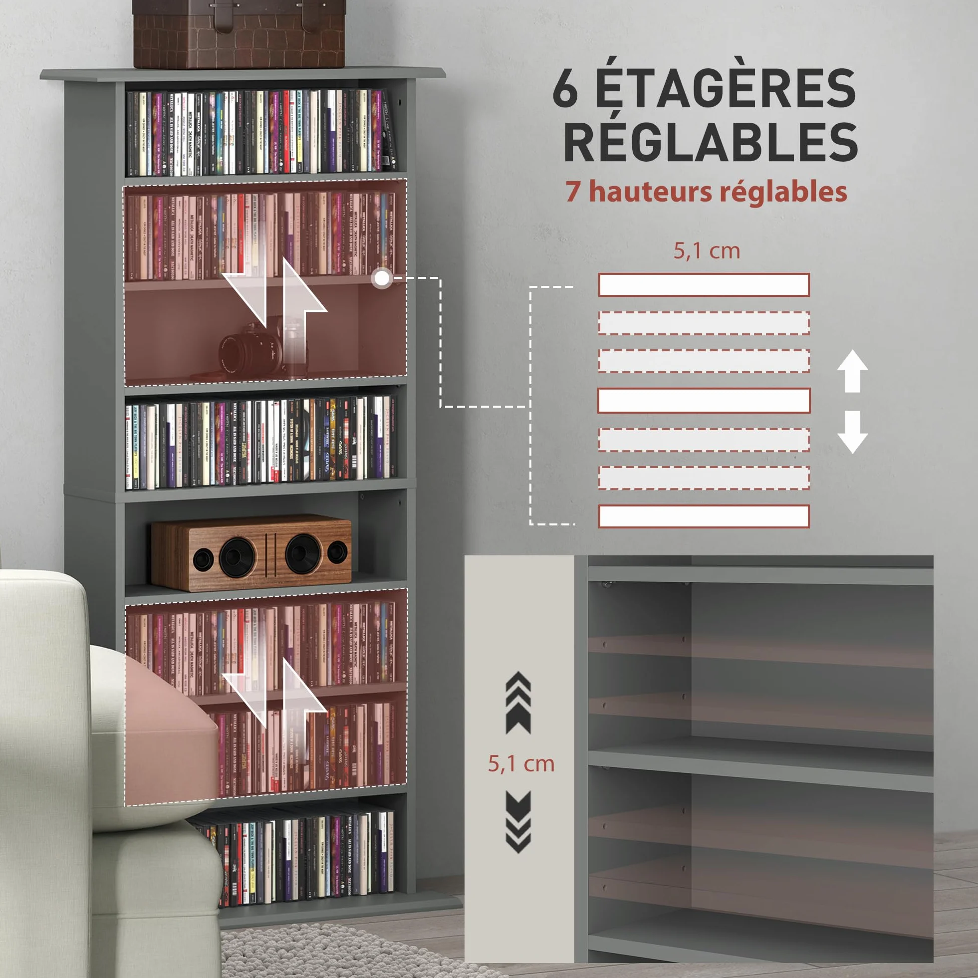 Almacenamiento de CD y DVD HOMCOM, unidad de almacenamiento multimedia, capacidad máx. 360 CD/185 DVD y Blu-ray, 8 compartimentos y 6 estantes ajustables, para salón, dormitorio, 58 x 24 x 126,3 cm,