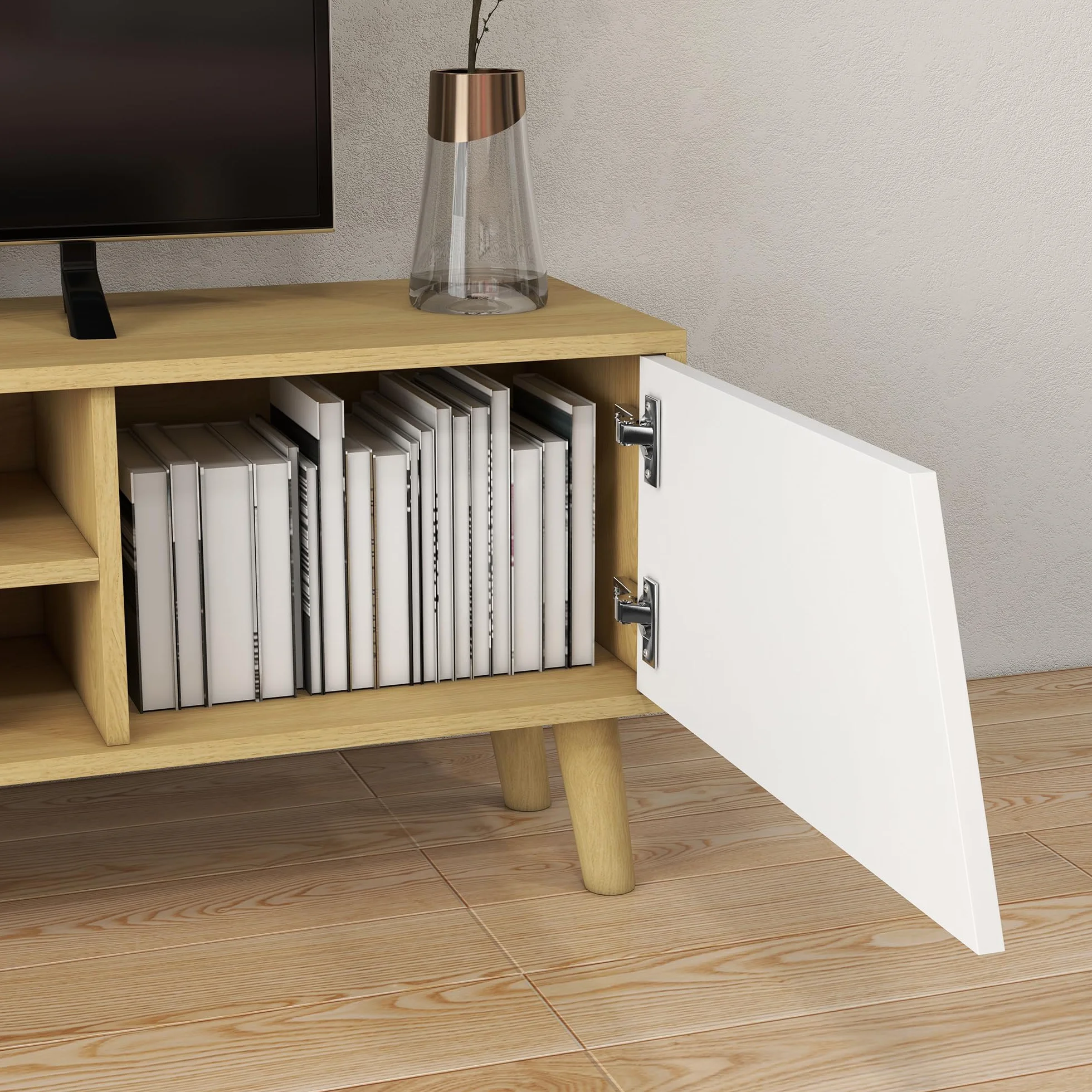 HOMCOM Mueble TV Mueble de Salón Mesa para TV con 2 Puertas 2 Estantes y 5 Patas de Madera para Televisores de hasta 65 Pulgadas, Montaje en suelo, 150x30x42 cm Roble