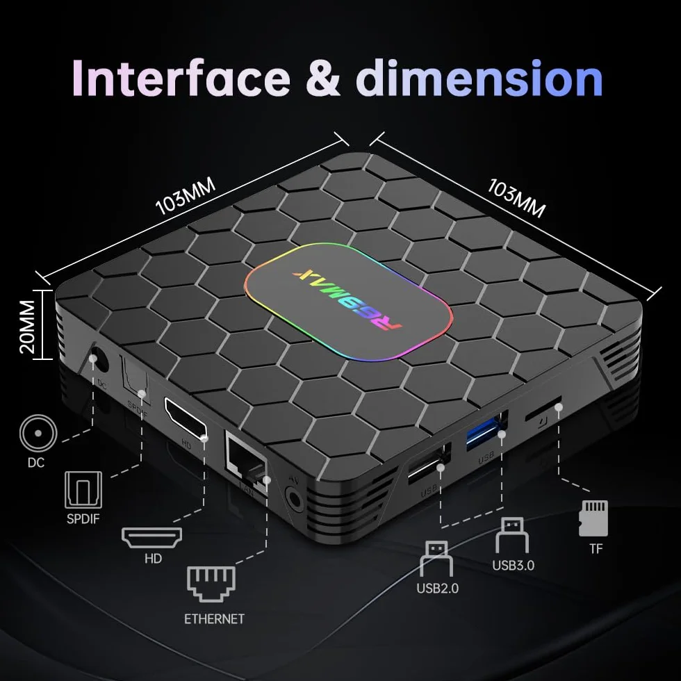 Android 14.0 TV Box, Box TV 4GB RAM 32GB ROM RK3528 Quad-Core Cortex-A53 8K Decoder, Soporte 2.4G/5.0GHz Dual Wi-Fi 6 BT 5.0, USB 3.0/2.0, HDMI 2.0 Smart TV Box