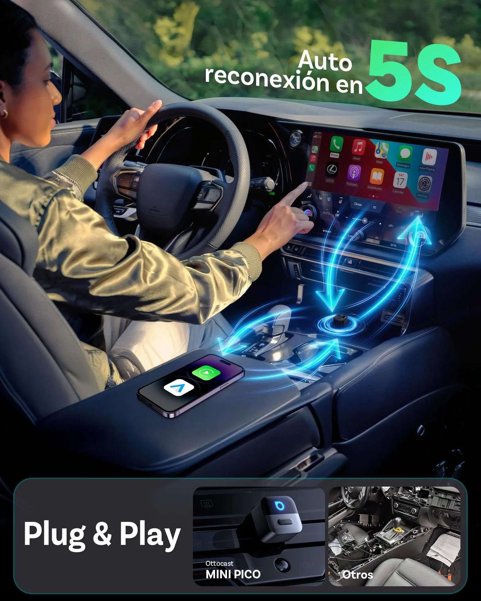 OTTOCAST Mini Pico 2026 Adaptador Inalámbrico CarPlay y Android Auto, Botón Inteligente, 5-8s Conexión Automática, USB-A/C, Actualización OTA, Conexión con Cable a Inalámbrica (iOS 10+/Android 11+)