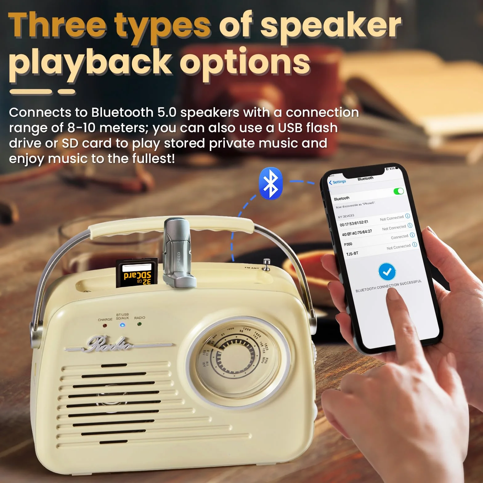Radio Retro Am FM, Pequeñas Radios Portátiles con Bluetooth, Funcionan con Pilas C*4 O Enchufadas a La Pared, Soportan Tarjeta SD/USB/Entrada AUX/Salida de Auriculares para Casa/Exterior（Beige）