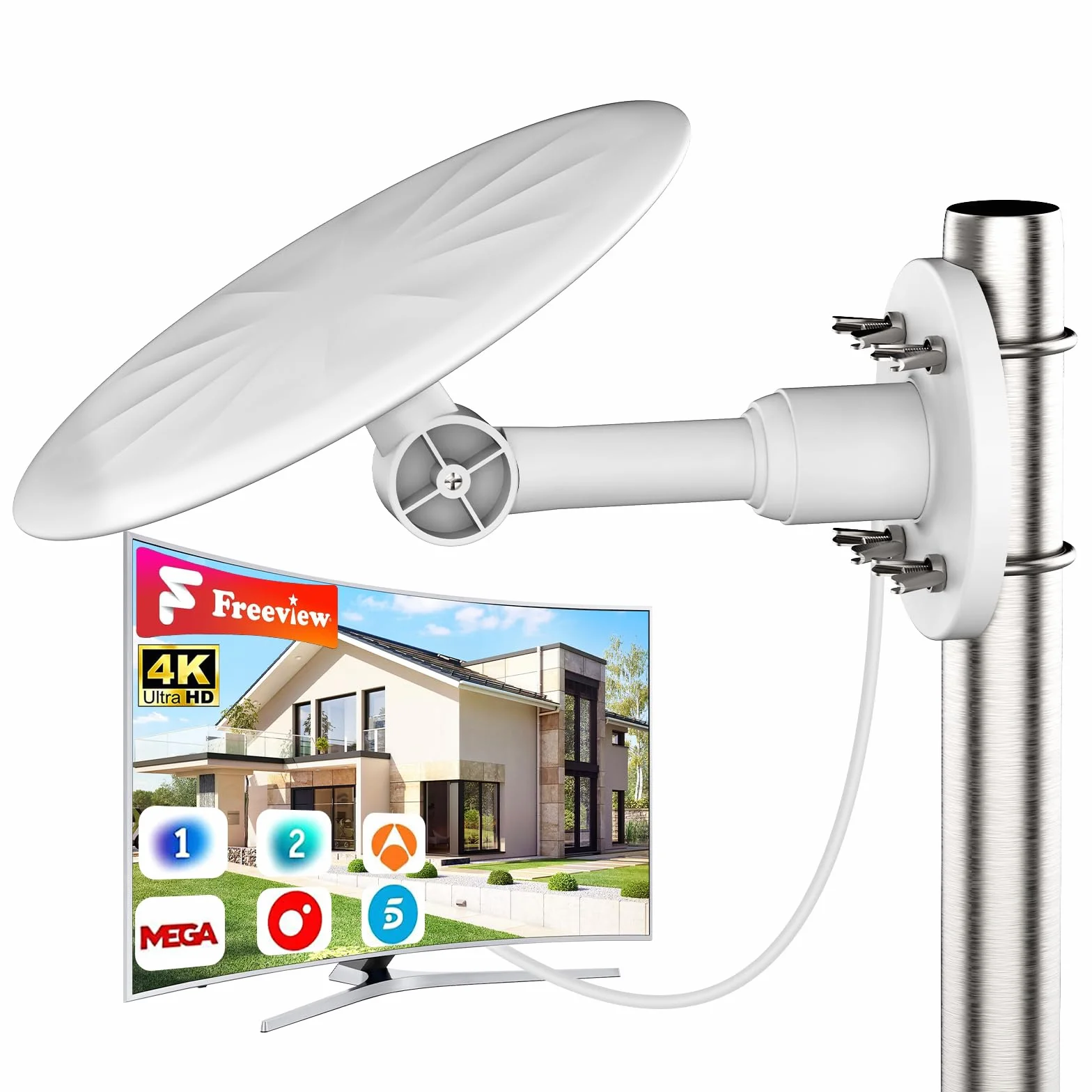 Antena TV Exterior 2026 Mejorada, Antena TDT Digital DVB-T2 HD 4K de Largo Alcance, Recepción 720°, Compatible con Smart TV, Instalación en Tejado, Terraza, Pared y Caravana, Cable 10 m(Blanco)