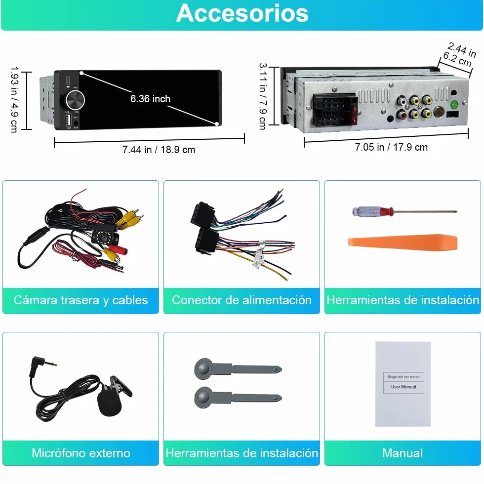 Junsun 1 DIN Radio Coche Universal con 6.36 Pulgadas Pantalla Táctil, con CarPlay/AndroidAuto/Admite Carga Type-C/USB/Micrófono/FM/EQ/WiFi/GPS/Bluetooth 5.0/USB/SWC y Cámara Trasera con Cable 6M