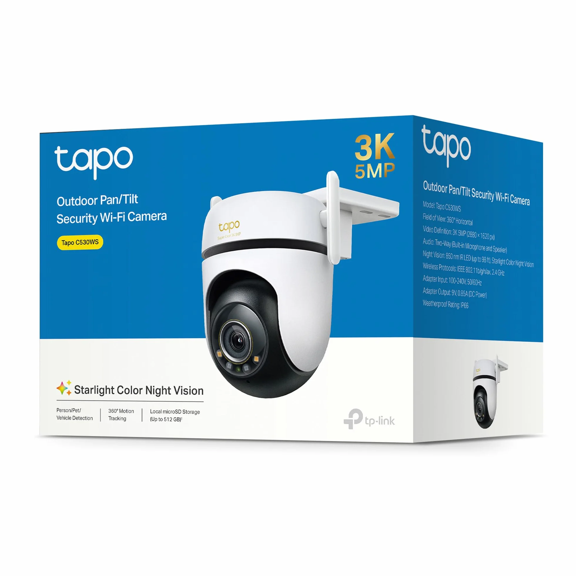 Tapo C530WS - Cámara Seguridad Exterior 360° 3K 5MP, Visión Nocturna Color, Resistencia IP66, Alarma Sonora/Luz, Detección AI, Almacenamiento Nube/SD 512GB, Audio Bidireccional