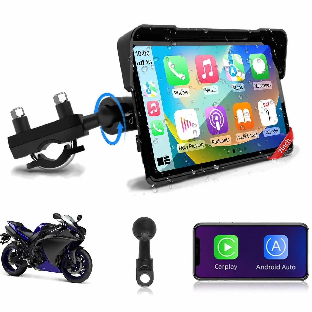 Jansite 7 Pulgadas Carplay Motorcycle GPS Android Auto Navigation con Bluetooth Impermeable IP67