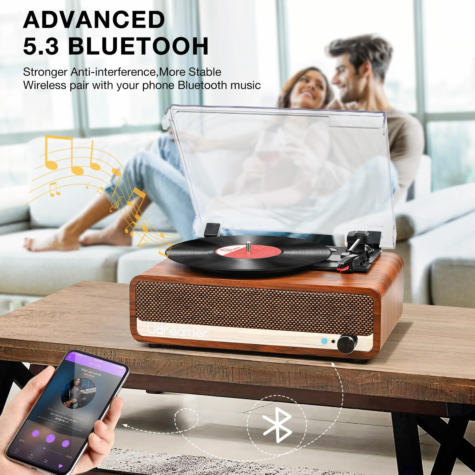 Udreamer Tocadiscos Bluetooth Tocadiscos de Vinilo Soporte USB AUX-in Auriculares RCA Line-out 3 Speed Diseño de Espejo Naranja Amarillo