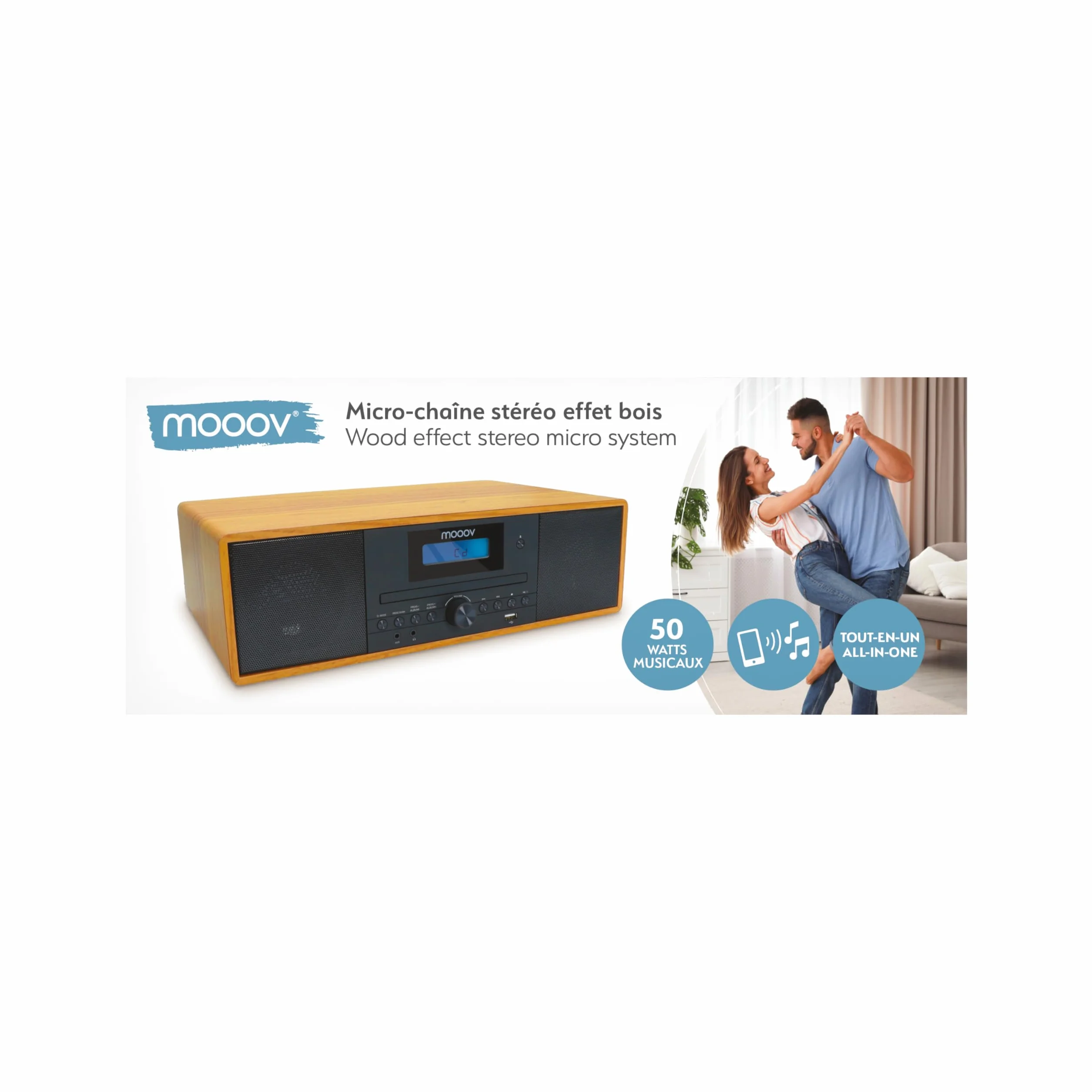 Mooov 477380 - Microcadena HiFi estéreo 50W Musicales, Reproductor CD, Bluetooth, Radio FM, USB, AUX-IN, RCA, Despertador, Mando a Distancia