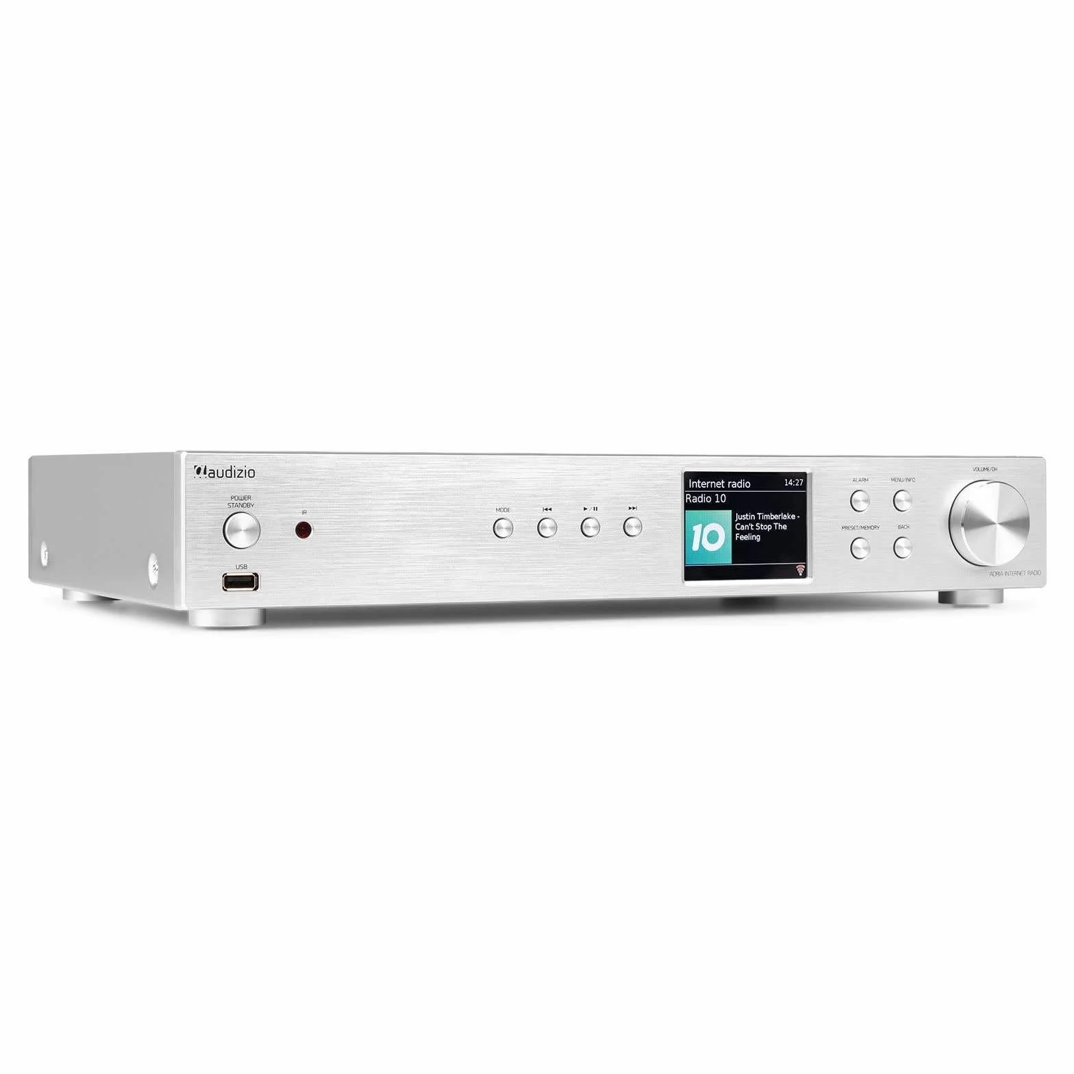 Audizio Adria - Sintonizador de Radio Dab+, FM e Internet con Bluetooth 5.0, Spotify Connect, USB mp3, Pantalla a Color 3,2", WiFi, Mando a Distancia y Salidas RCA, óptica y coaxial, Color Plateado