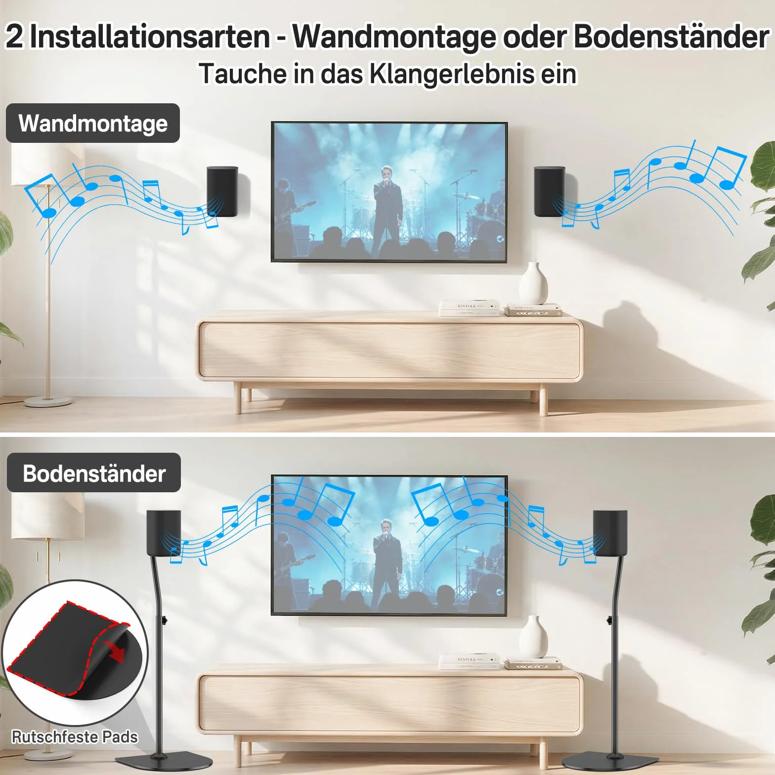 Pareja de Soportes de Altavoz Universal, Regulables en Altura de 84 a 106 cm, con Soporte de Pared para Samsung, Vizio, Bose, LG, Roku, Altavoces Traseros y Altavoces de Sonido Envolvente
