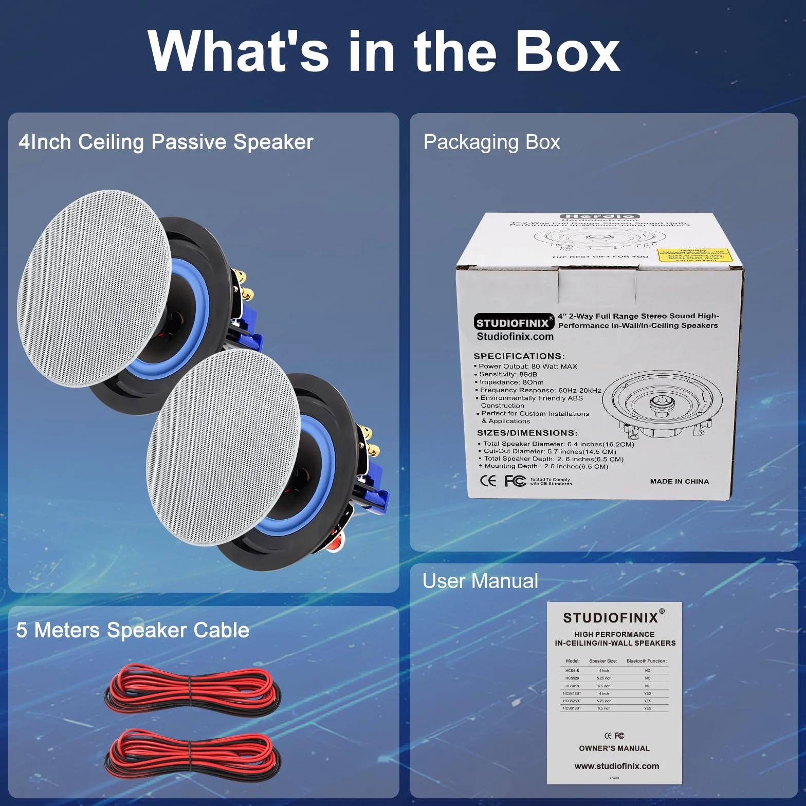 STUDIOFINIX Altavoces pasivos HCS418 de 160 vatios de 2 vías para montaje empotrado en techo en pared, ideal para baño, cocina, sala de estar, oficina (2 altavoces)