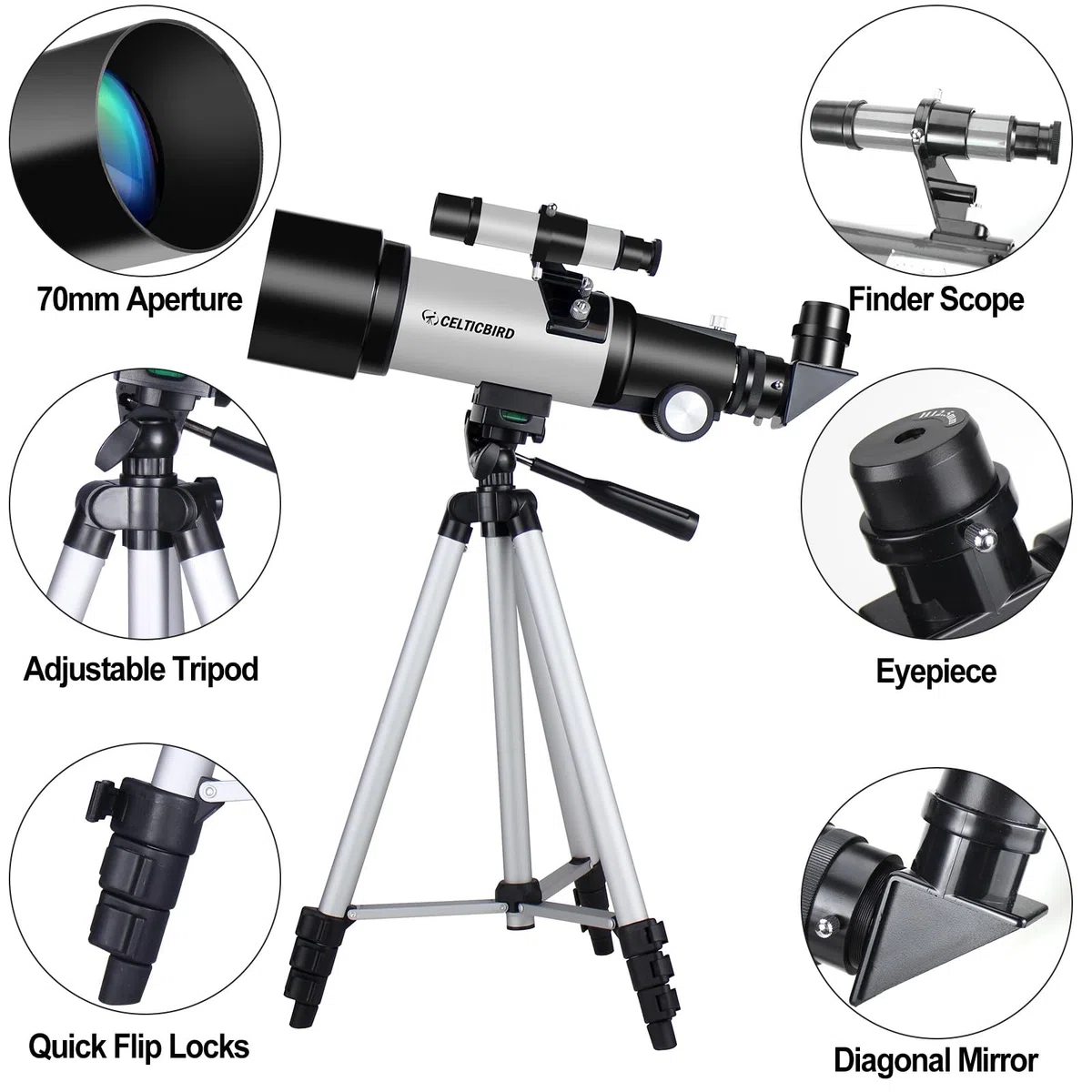 CelticBird Telescopio de 70 mm de Apertura de 400 mm – Telescopio de refracción astronómica para Adultos y Principiantes (70400 Gris)