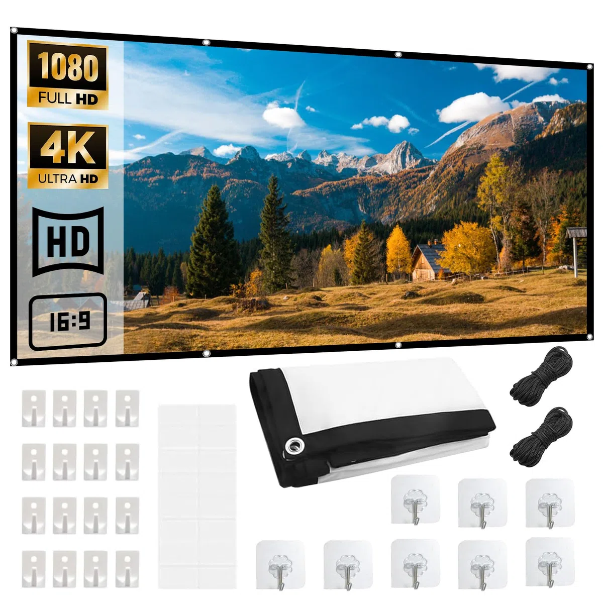 Proyector de lona de 100 pulgadas, proyector de pantalla portátil plegable, 16:9 HD antiarrugas, pantallas de alta resolución para cine en casa, escuela, oficina, reuniones y camping