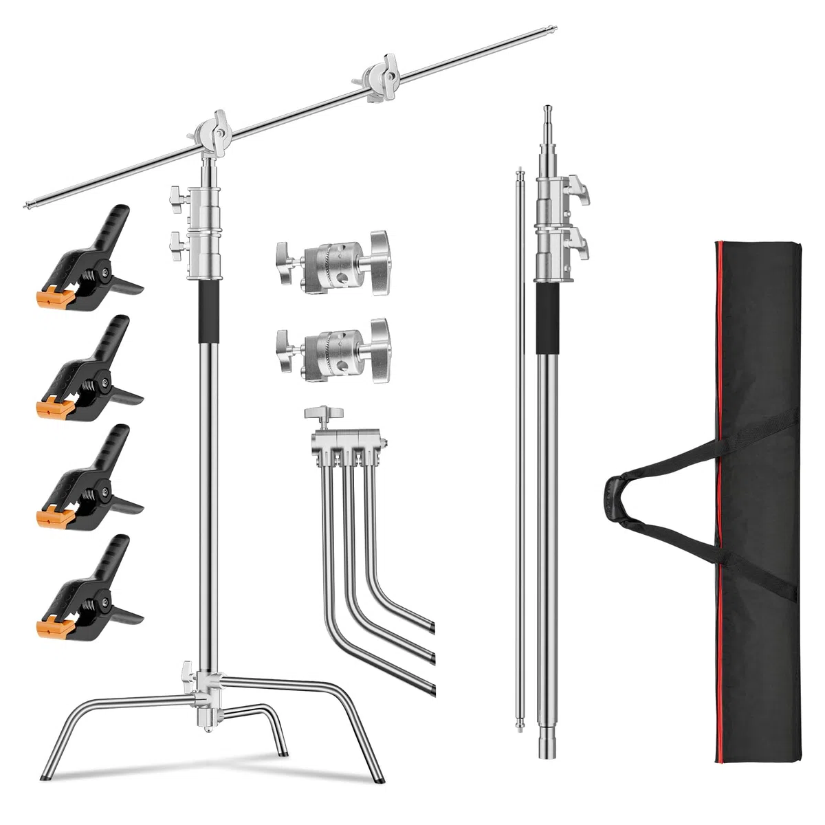 EMART C Stand Extensible con Brazo Jirafa de 128cm, 300cm Soporte de Iluminación de Acero Inoxidable Ajustable para Reflector, Softbox, Monolight, Paraguas