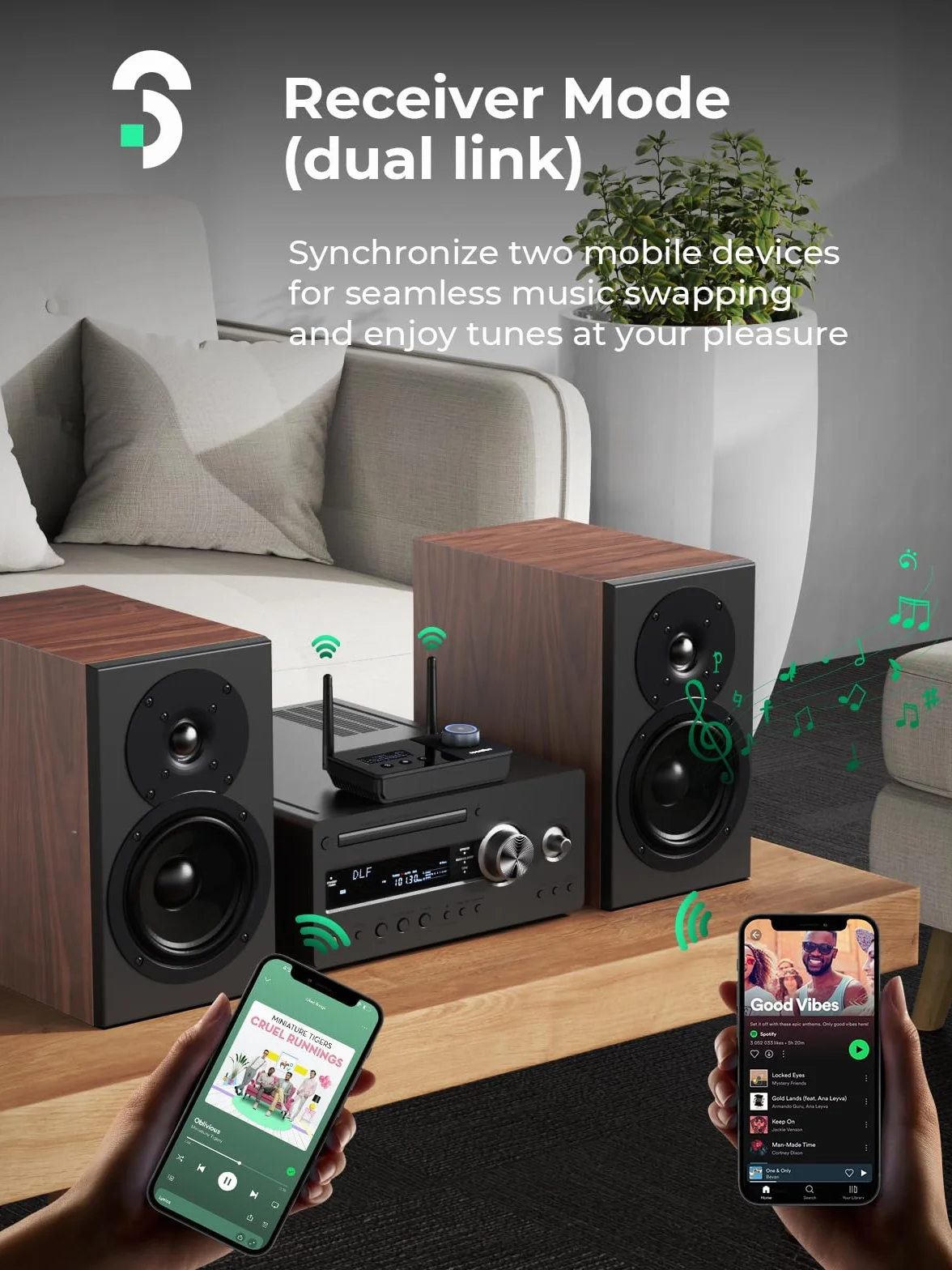 SOOMFON Bluetooth 5.3 Transmisor Receptor, 3 en 1 Bluetooth Adaptador Audio con AUX 3.5mm/RCA/Óptico, Adaptador Doble Conexión, Receptor Emisor para TV/Auriculares/Sistemas de Sonido
