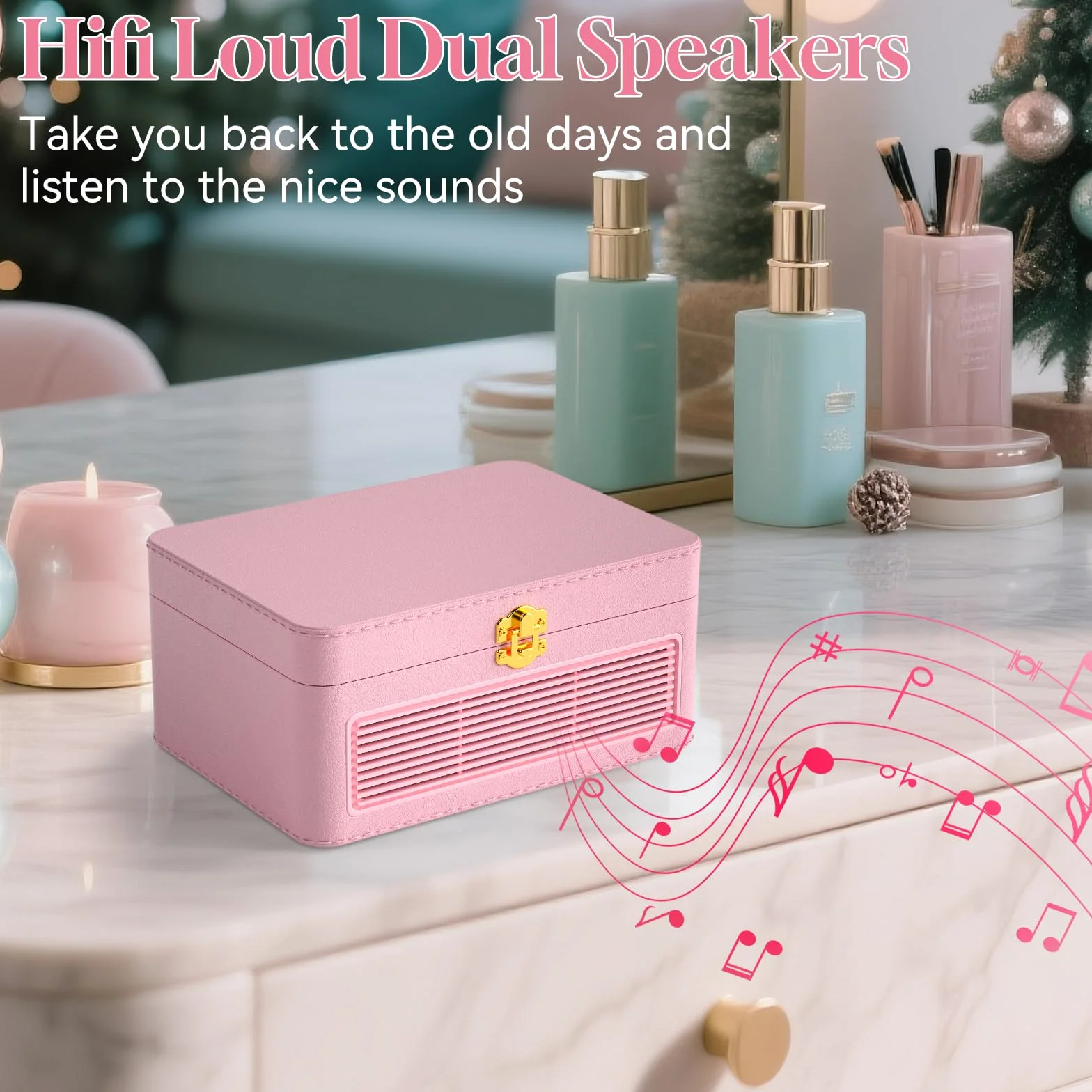 Gueray Reproductor CD Portátil Bluetooth 3600mAh Recargable con Altavoces, Diseño Maletín Retro, USB AUX, Rosa
