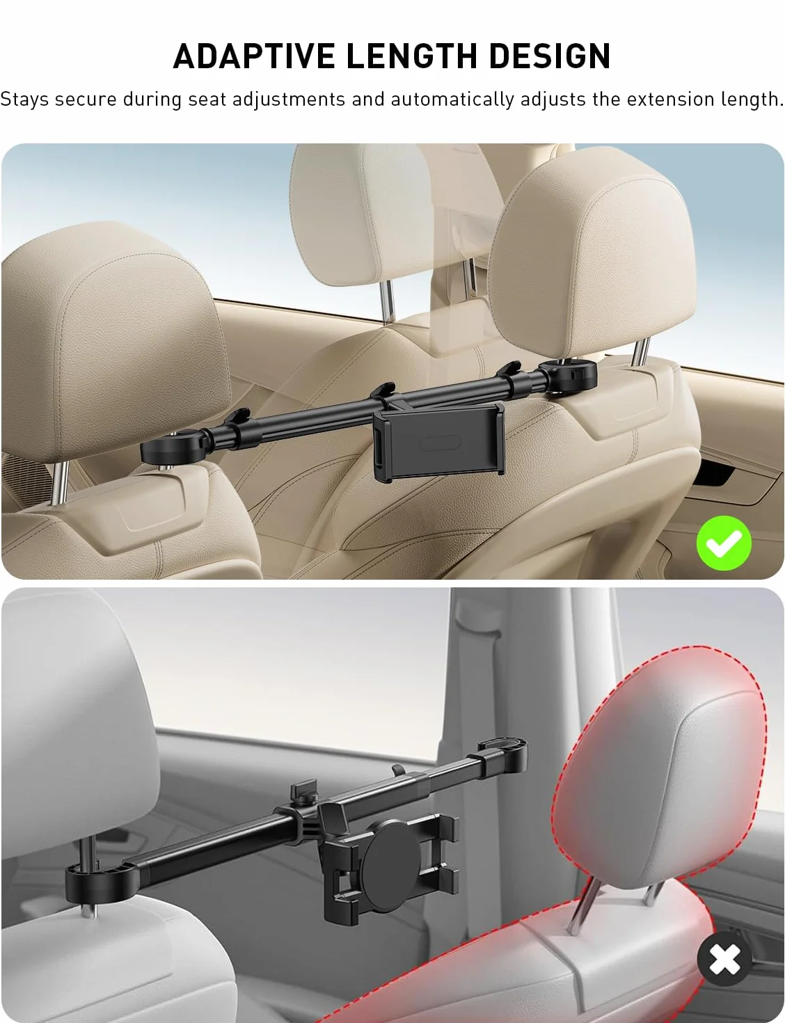 TRYONE Soporte Tablet Coche Reposacabezas [ Abatible Frontal y Trasero] Extensible Porta Accesorios Carro, Sujeta Camper para iPad, Tablet y Monitor/eReader/Switch/Otros 4,7-16.1Pulgadas/con 2 Ganchos