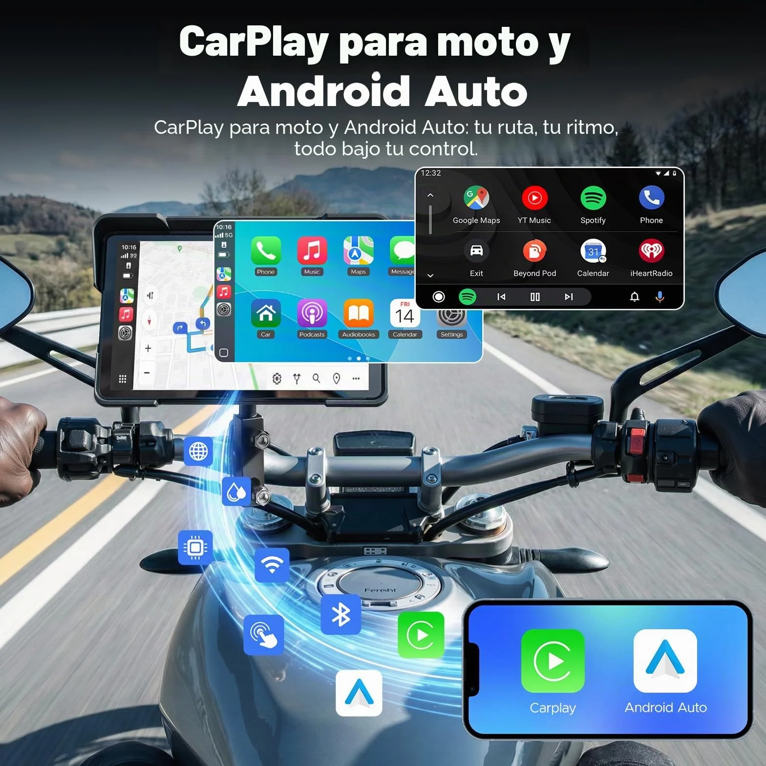 Volam Pantalla Carplay para Motocicleta, CarPlay y Android Auto Inalámbricos, 7 Pulgadas Pantalla Táctil Impermeable IP67 con Navegación GPS, Doble Bluetooth, Asistente de Voz, Plug y Play
