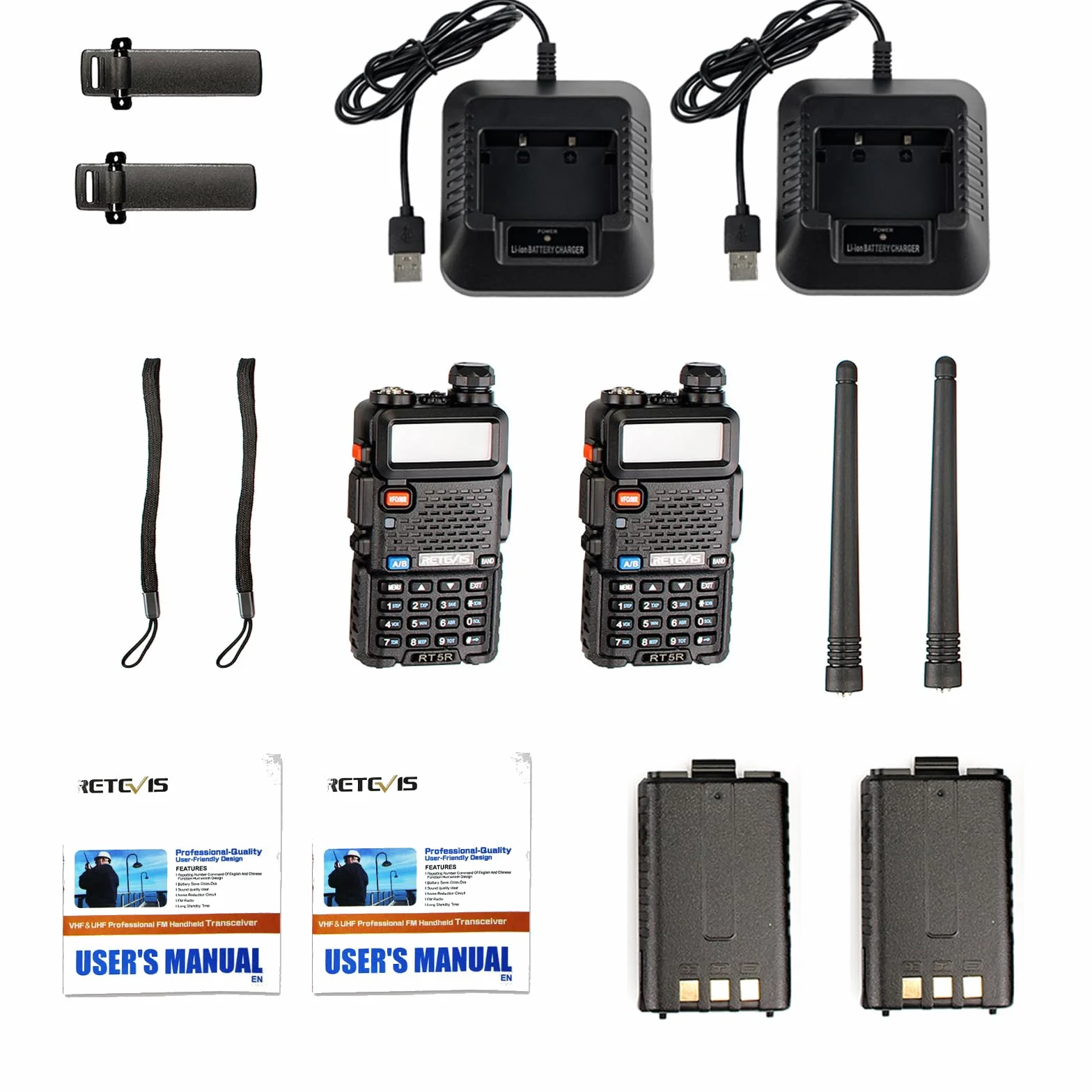 Retevis RT5R Walkie Talkie Profesional, Largo Alcance Walkie Talkie Doble Banda con Cargador de USB, 128 Canales Radio VOX FM Walkies Portátil de Mano para Almacén (RT5R (2 Piezas))