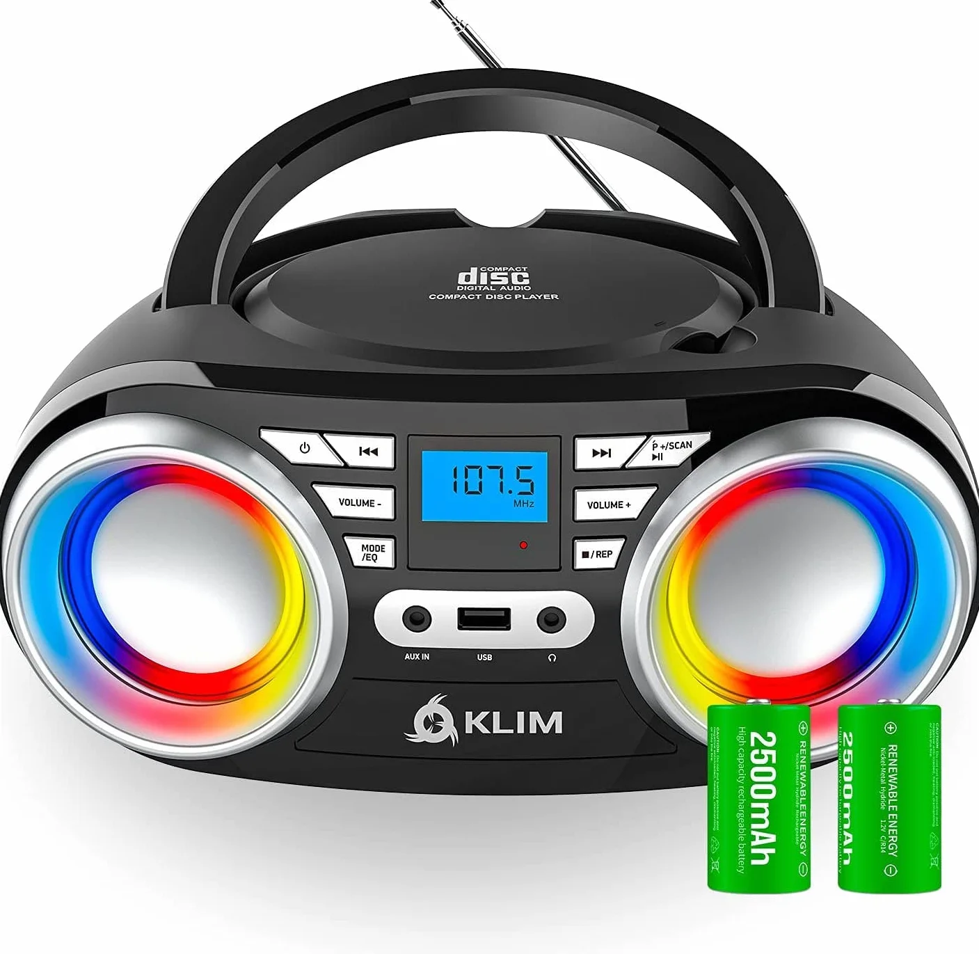 KLIM Boombox B3 Reproductor CD portátil Radio FM Bluetooth USB AUX LED RGB Inalámbrico Batería Recargable EQ Digital