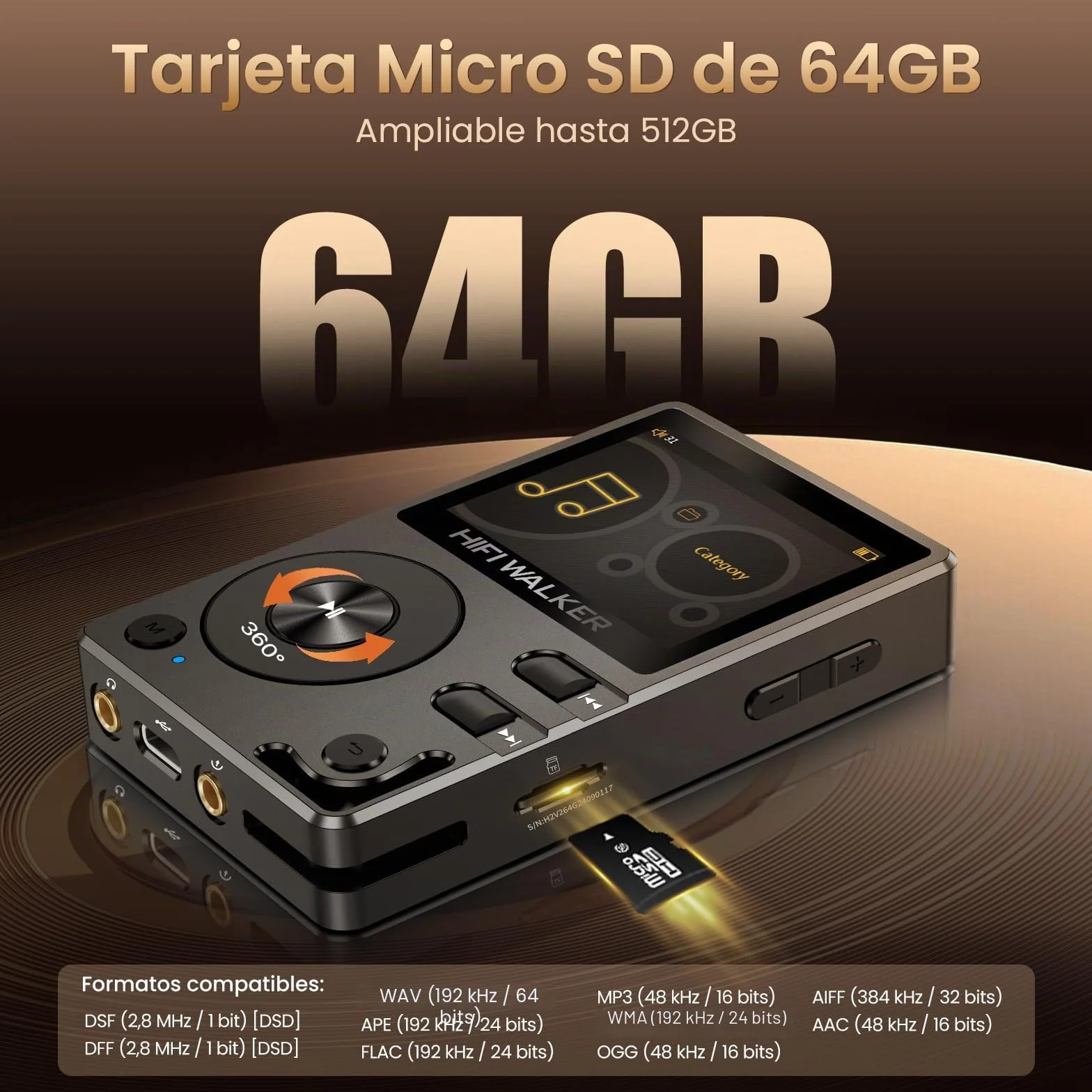 HIFI WALKER H2 Reproductor MP3 Hi-Res con Bluetooth 5.2, Reproductor de Música Lossless con DAC ES9018K2M, DSD128 Nativo 32bit/384kHz, Cuerpo de Aleación de Zinc, Tarjeta SD 64GB Incluida