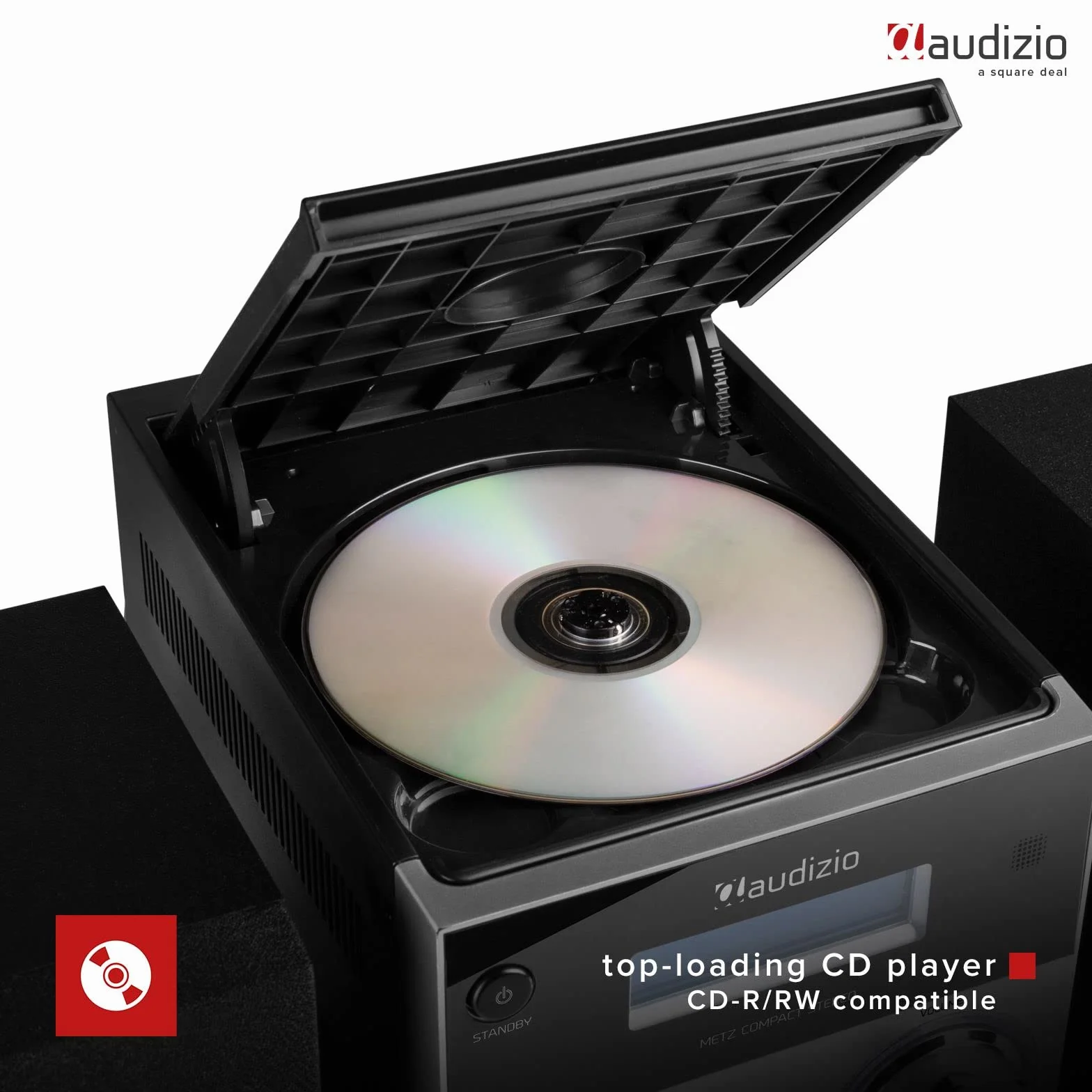 Audizio Metz Equipo de música HiFi con Altavoces, Minicadena con Radio Dab+, Bluetooth, Reproductor de CD, Entrada USB, Entrada Auxiliar, Incluye Mando a Distancia, Mini Cadena Color Aluminio