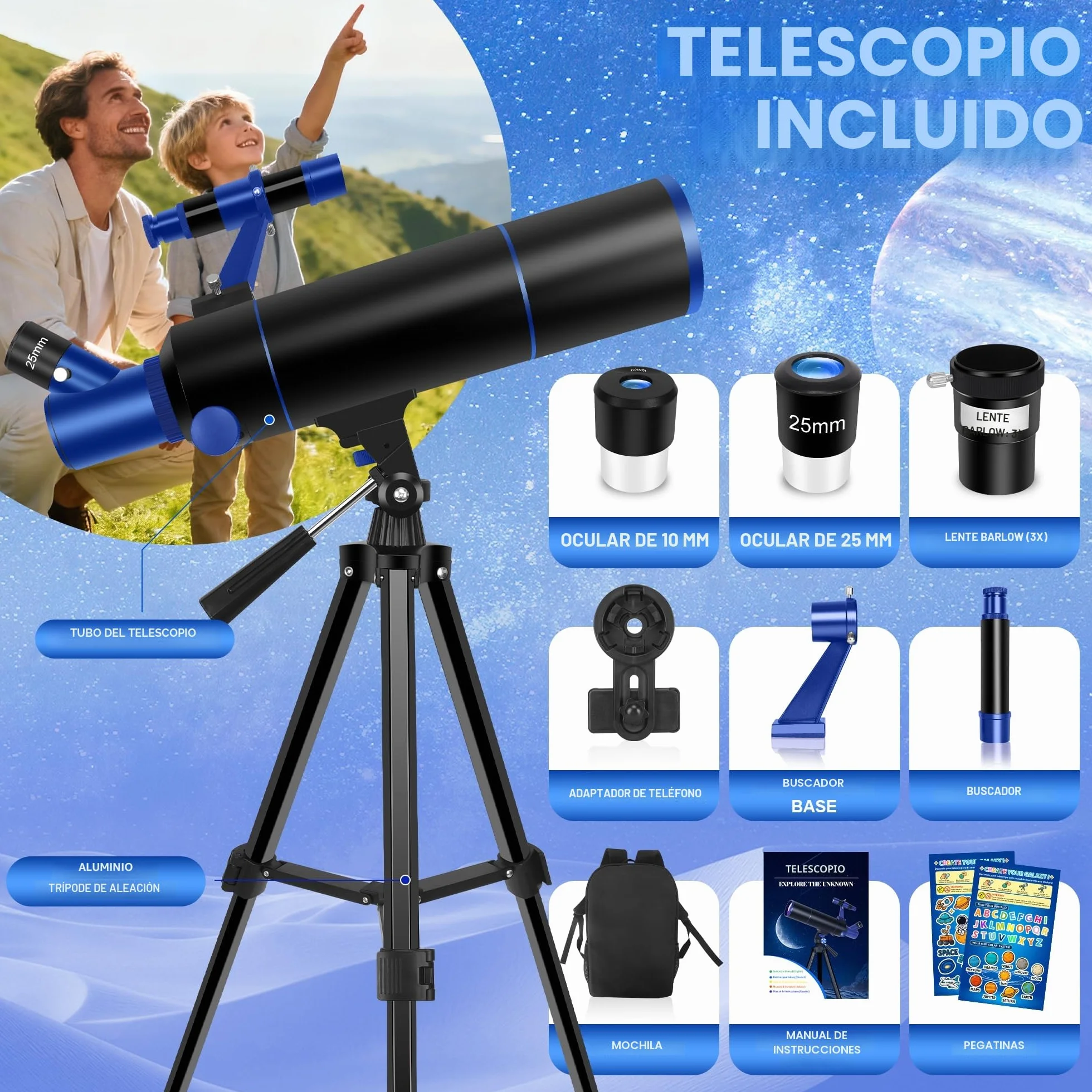 Dianfan Telescopio, 80 mm Apertura Telescopio Astronómico Adultos, Portátil Telescopios para Niños Y Principiantes,Óptica Multirrevestida, con Adaptador para Teléfono, Mochila Y Pegatinas