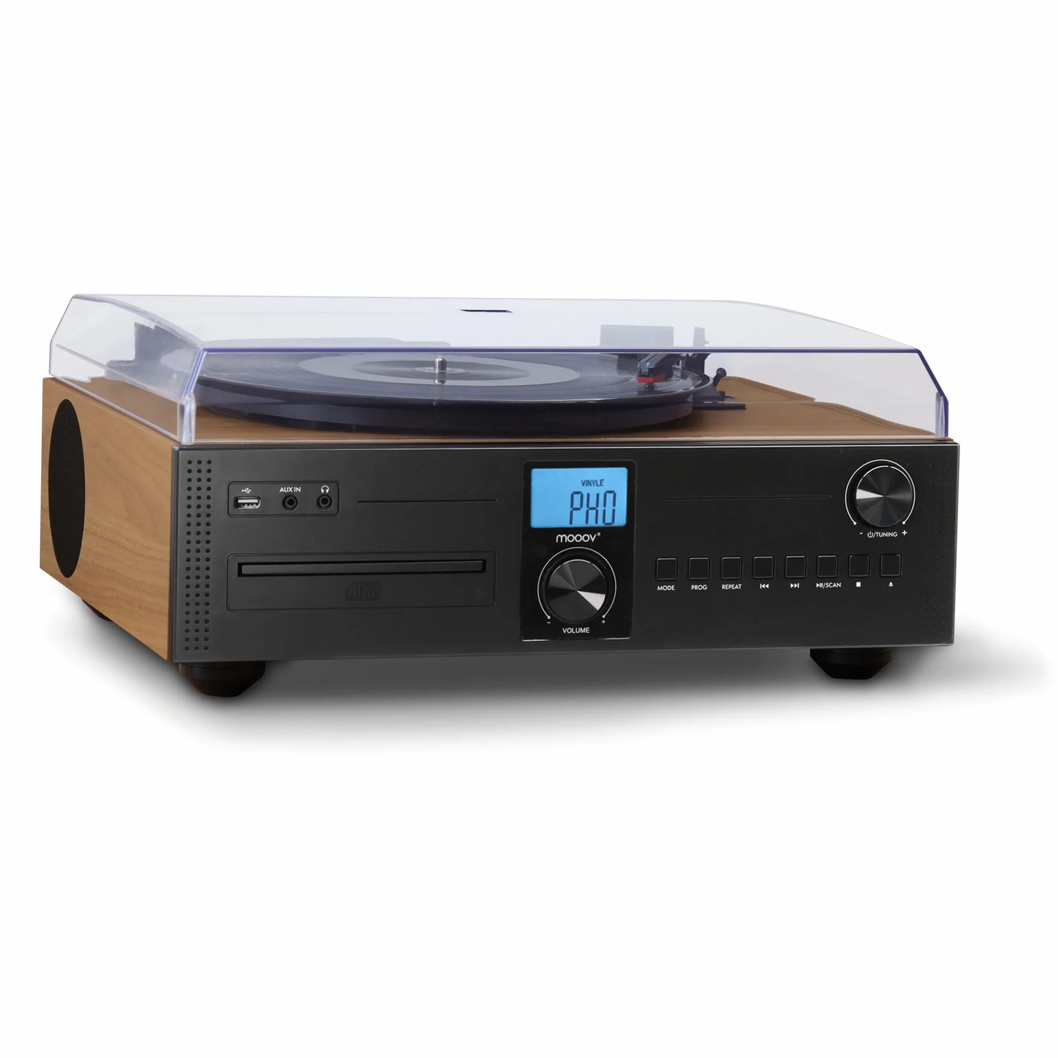 Mooov Microcadena HiFi Estéreo 50W con Tocadiscos, Reproductor CD, Bluetooth, Radio FM, USB, AUX-IN, RCA, Mando a Distancia