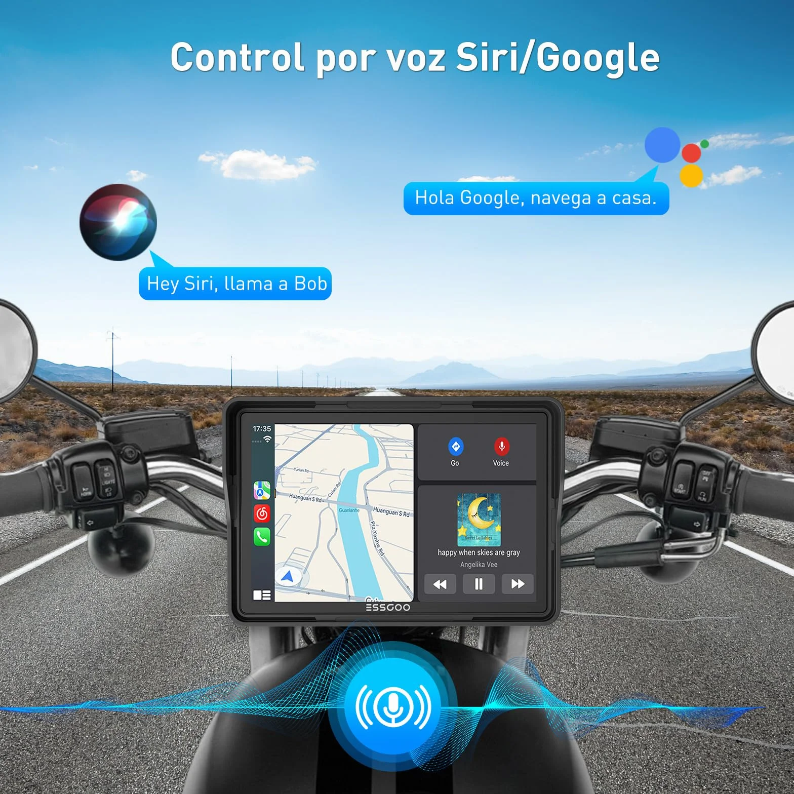 ESSGOO CarPlay para la mayoría de Las Motocicletas, con Soporte en U, inalámbrico CarPlay/Android Auto, Pantalla de 5" Impermeable, Audio Bluetooth, navegación GPS, Siri/G-oogle Asistente