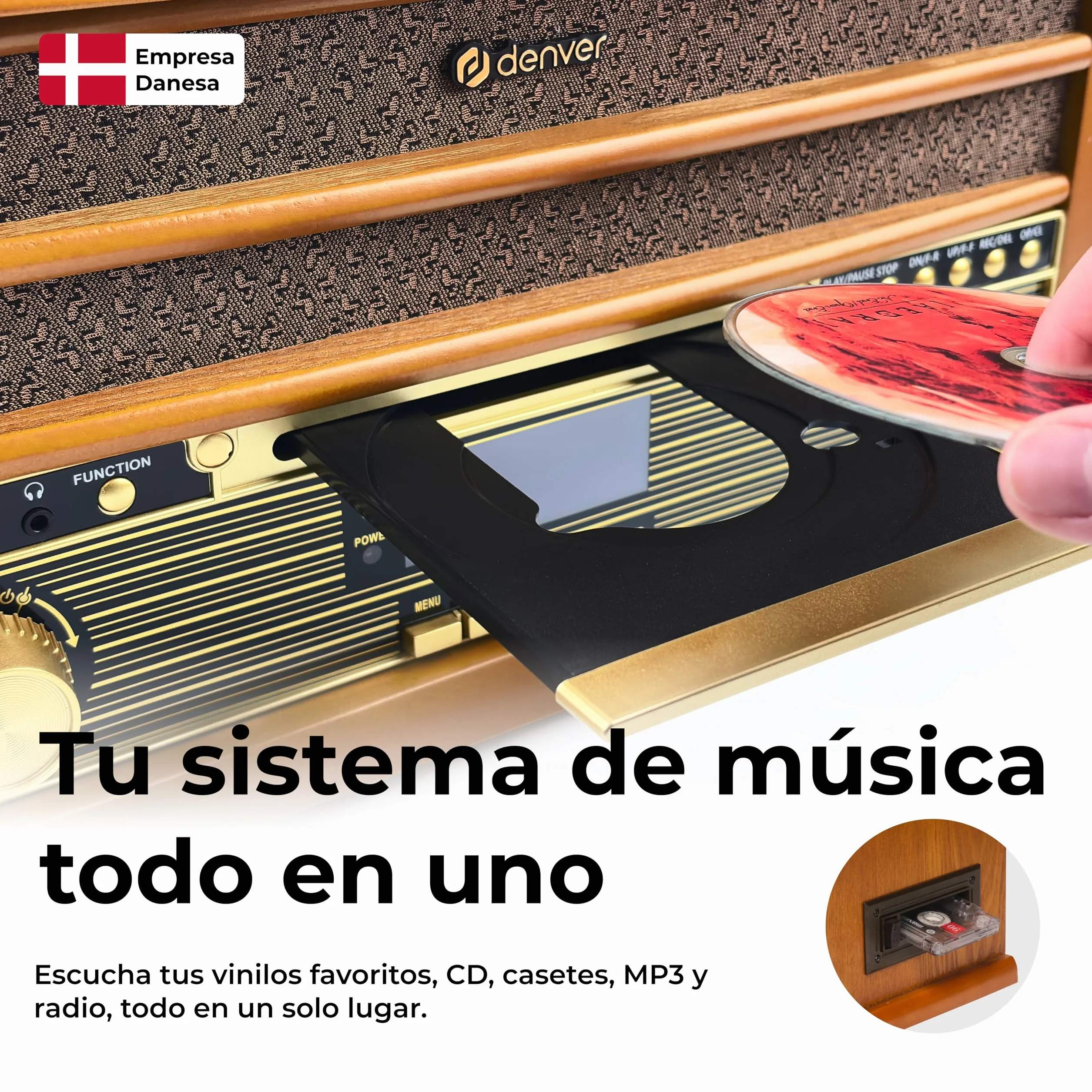Denver MRD-51 Cadena Musical Retro Madera, Tocadiscos, CD, Casete, Dab+/FM, USB, grabación a USB, Altavoces Integrados
