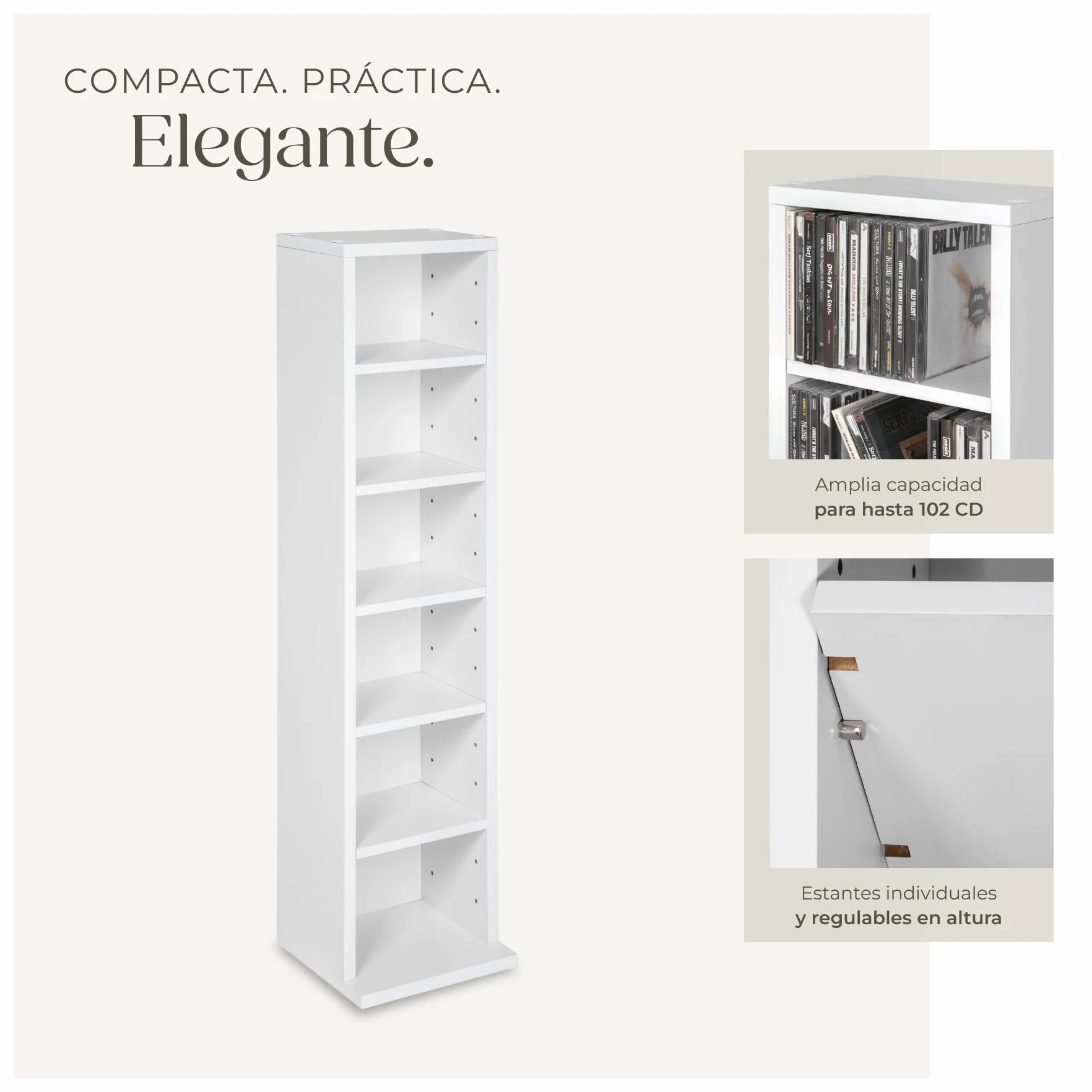 tectake® Estantería de Pared, Efecto Madera, 6 Compartimentos, Estantes Ajustables en Altura, para 102 CDs, Fácil de Montar, Almacenamiento, Decoración Habitación, Muebles Salón, Librería - Blanco