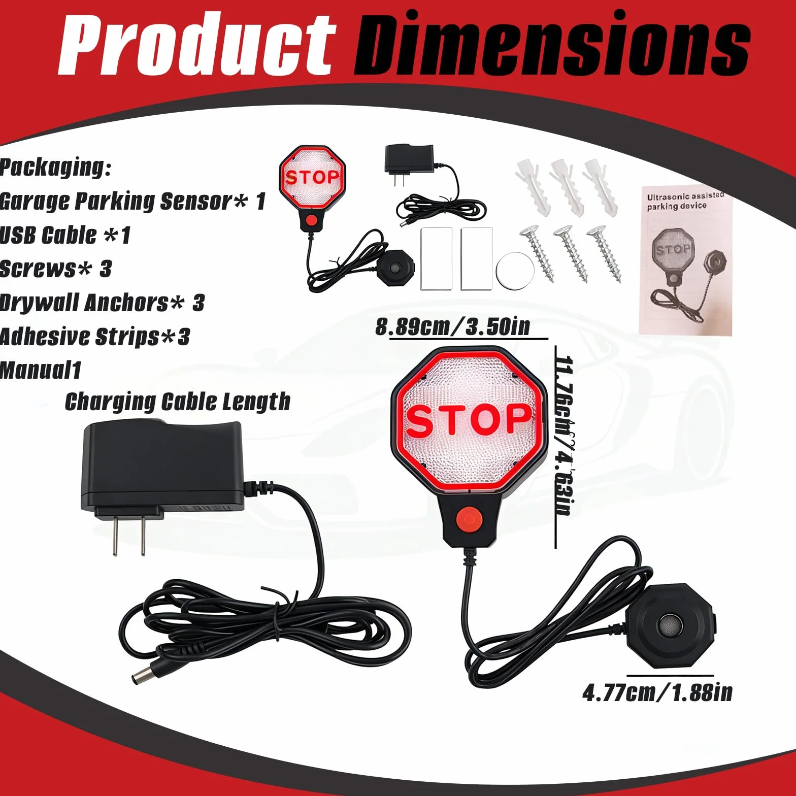 Asistente De Aparcamiento Garaje, Sensor De Aparcamiento Ultrasónico con Señal Stop LED para Coche con Alarma Acústica Y Luz LED Detector De Distancia para Garaje Pared Protección Anticolisión