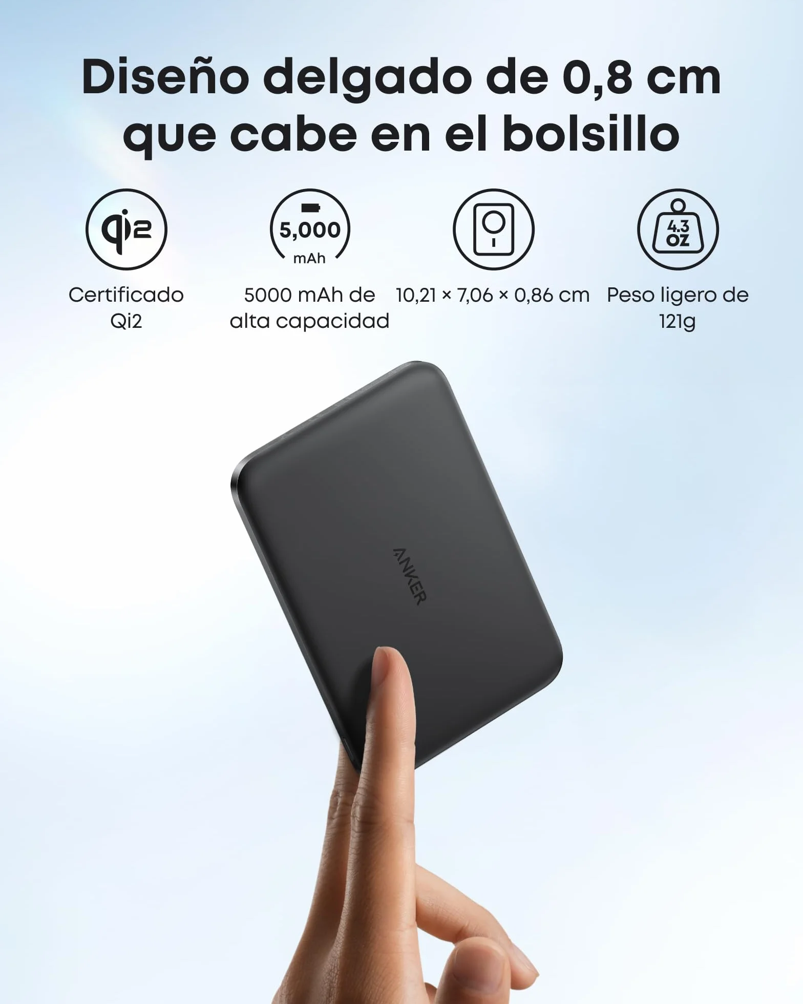 Anker Nano Certificado Qi2 15W Power Bank Magsafe ultradelgada de 5000 mAh, Cargador portátil Compatible con MagSafe,diseño ergonómico, para iPhone 17/16/15/14, Negro