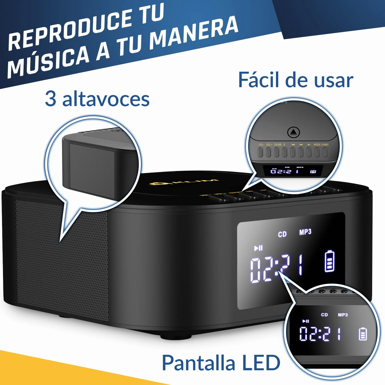 KLIM Boombox E1 Reproductor de CD portátil Bass Boost Subwoofer Radio FM Bluetooth MP3 AUX USB Negro/Dorado