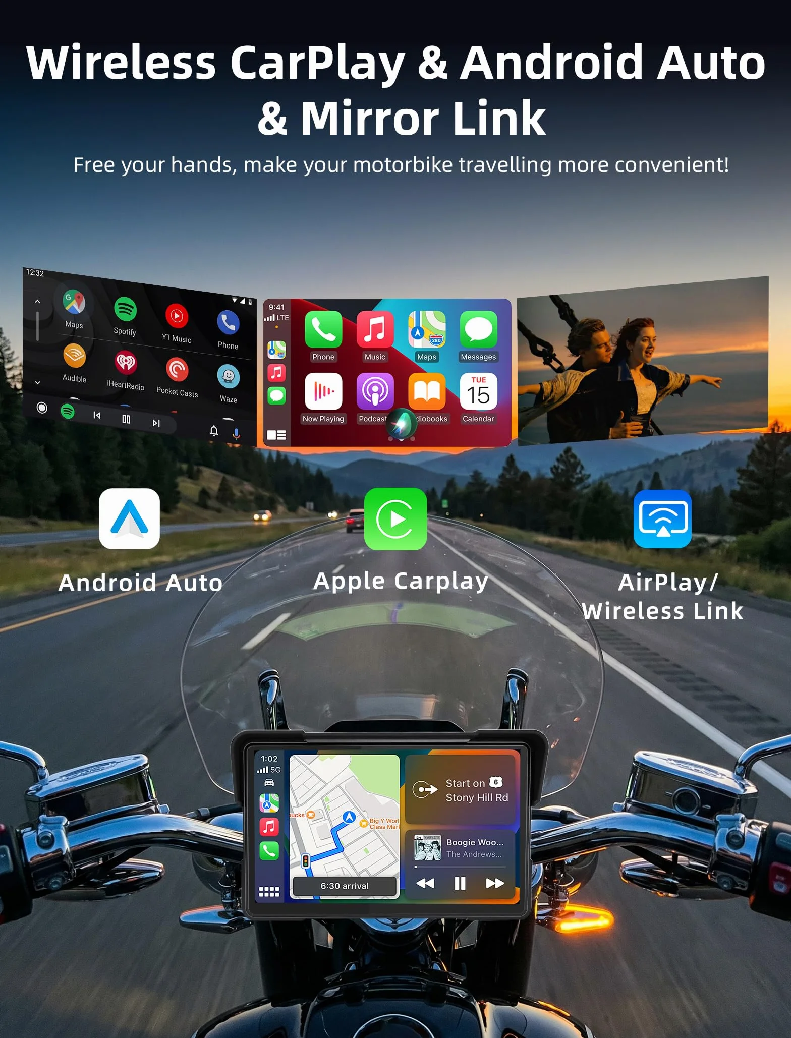Jansite 7 Pulgadas Carplay Moto con 2 Métodos de Alimentación, Android Auto Navegador GPS con Pantalla de Motocicleta Impermeable 2.5D IPS, Bluetooth Dual Siri/G-oogle Assistant